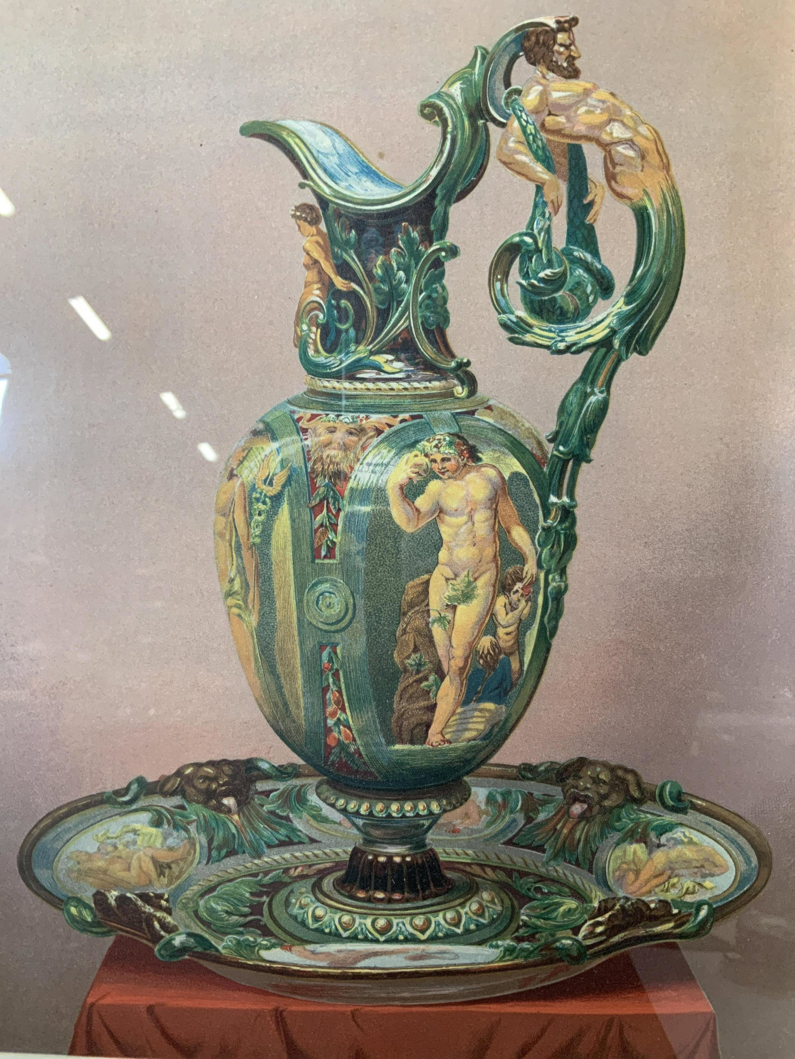 Antique JB WARING Majolica Ewer Chromalithograph: Antique JB WARING Majolica Ewer Chromalithograph, one of a set of four, inscription to lower portion of piece reads ‘London Chromolithographed & Published by Day & Son Lithographers to the Queen JB 