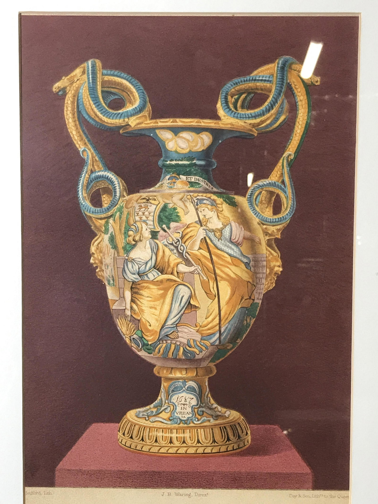 J.B.WARING Antique Chromolithograph Vase: J.B. Waring Antique Royal Manufactory Vase chromolithograph, title to lower border reads ‘A Vase in Urbino Ware The Property of Mess Hewitt London’, text above title reads ‘J.B. Waring’, text 