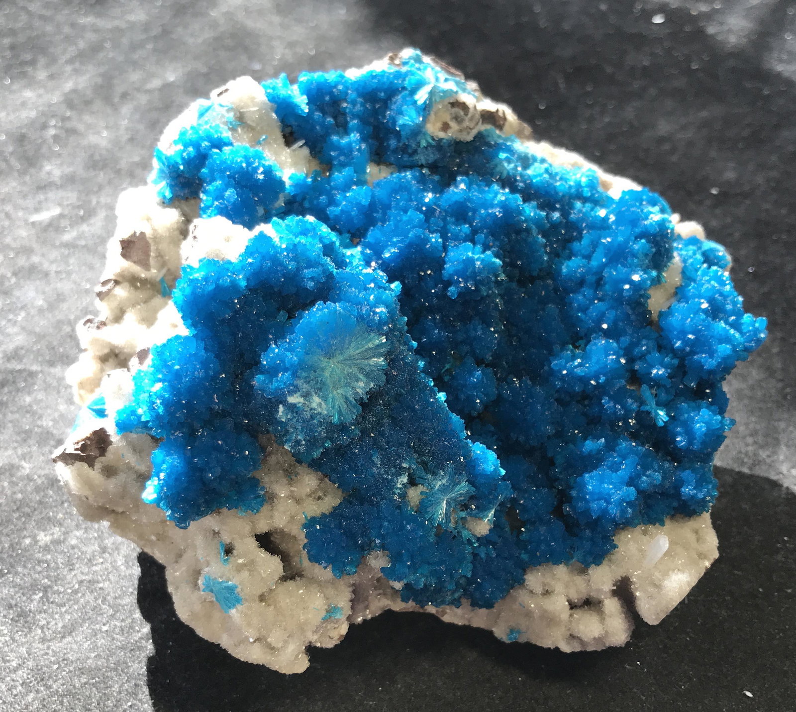 Peruvian Mined Druzy Dioptase & Blue Barite Geode: Cluster Peruvian mined druzy dioptase and blue Barite Crystal Cluster, mined from the Huanzala mine in Peru, unique in its own shape and size, a bright aqua colored druzy stone blooming atop a pale gr