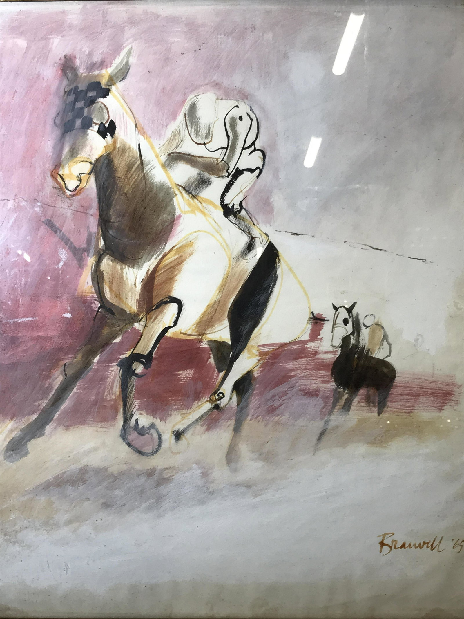 JOESPH BRASWELL Signed Watercolor Painting 65: Joesph Braswell signed watercolor painting, signature and date to the lower right corner reads ‘Braswell 65’, subject a minimalist scene of two derby horses and their riders mid race, gilt and bla