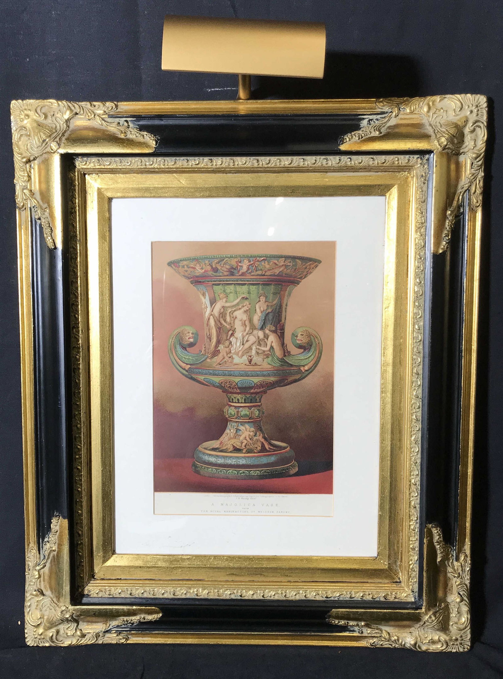 J.B. WARING Antique Chromolithograph Vase: J.B. Waring Antique Royal Manufactory Vase chromolithograph, title to lower border reads ‘A Majolica Vase from The Royal Manufactory of Meissen Saxony’, text above title reads ‘London Chromolith