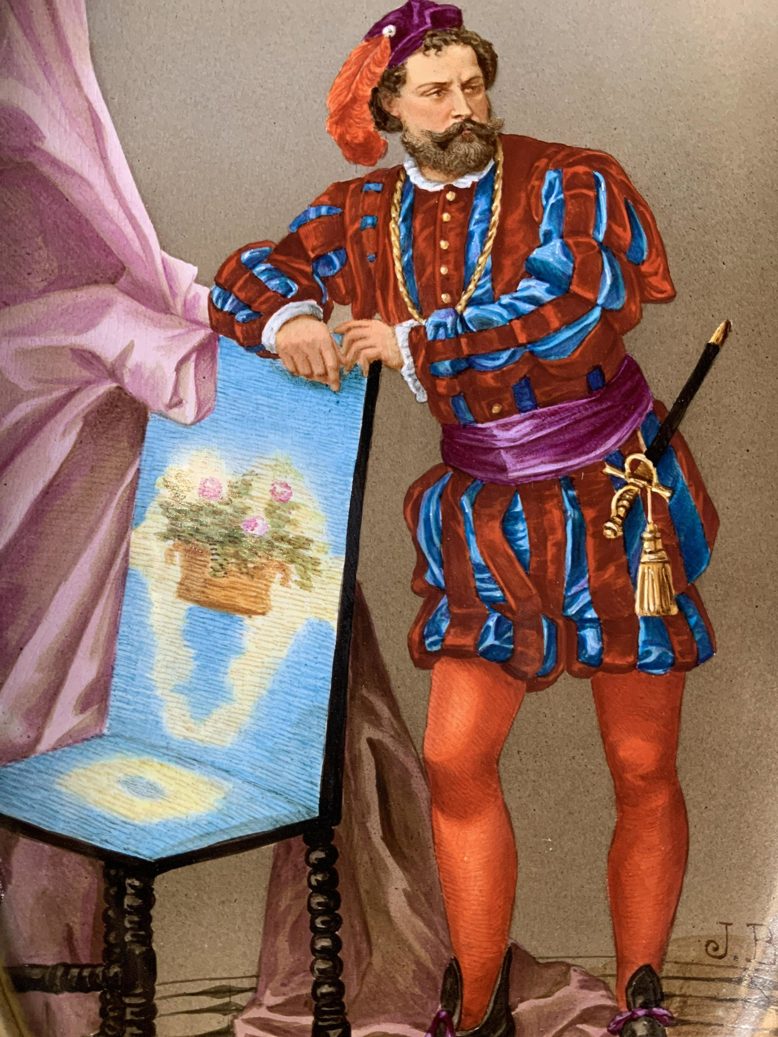 Antique JB Signed Tempera Painting: Antique JB Signed Tempera on porcelain Painting, Renaissance Man, one of a pair, signature to lower right reads ‘JB’, subject a man leaning on a chair, measures 24 5/8 x 17 1/2 inches, ornate wood