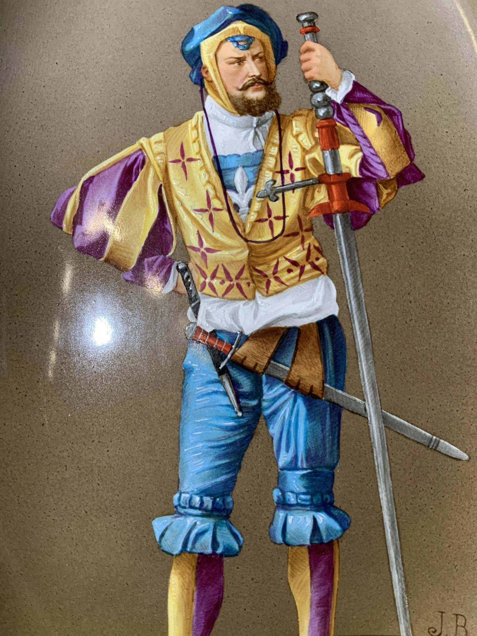 Antique JB Signed Tempera Painting, Man w Swords: Antique JB Signed Tempera on porcelain Painting, Man with Swords, one of a pair, signature to lower right reads ‘JB’, subject a man with multiple swords, measures 24 5/8 x 17 1/2 inches, ornate wo