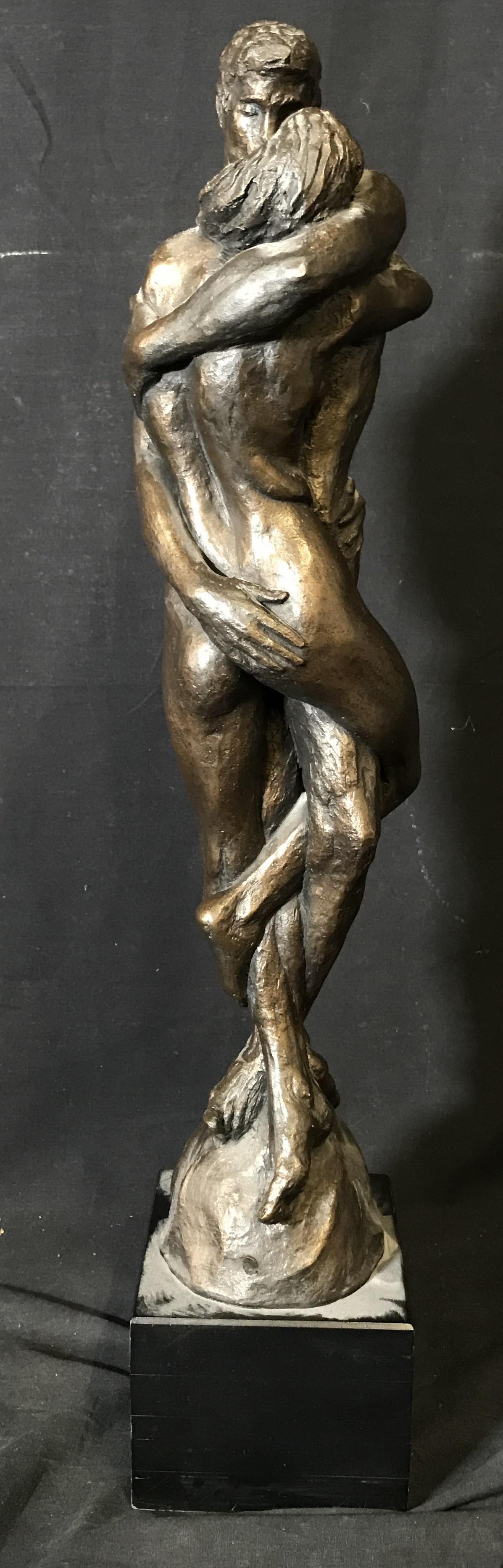 J.COX Signed Austin Prod. Nude Couple Sculpture 70: J.Cox signed Austion Productions Nude couple sculpture, text signature and date to lower back part of base reads ‘Austin Prod. NYC J.Cox 70’, subject a nude male and female figure in an embrace, b