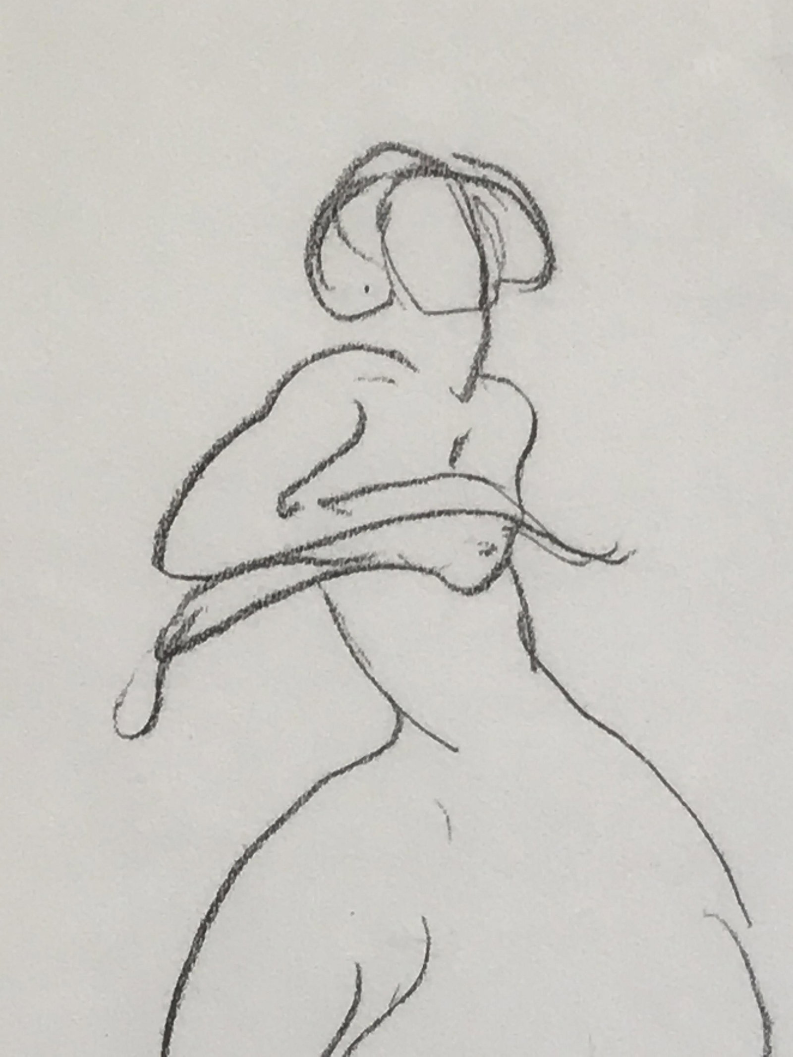 Abstract Minimalist Graphite Figural Drawing: Abstract Minimalist Graphite Figural Drawing, no apparent signatures or stamps, framing label to reverse reads ‘Time Frame’, subject an abstract figure in dress standing in a dynamic pose, plastic