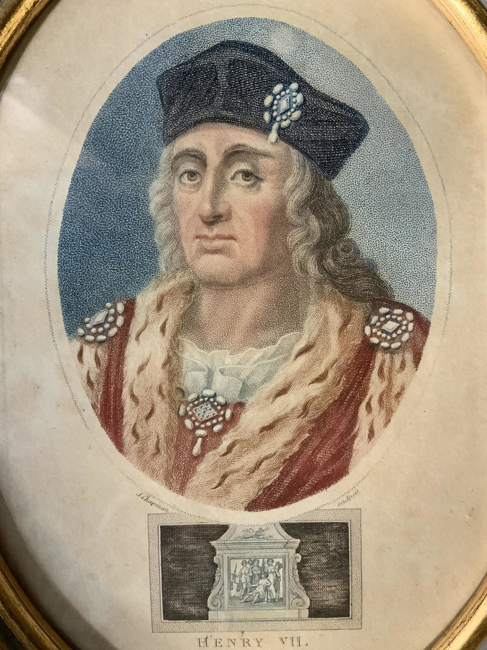 JOHN CHAPMAN Portrait of Henry VII Lithograph: JOHN CHAPMAN Portrait of Henry VII Lithograph, one of a set of 3, inscription to lower portion of piece reads ‘J Chapman Sculp Henry VII Published as the act directs Sept 1 1799’, inscription to r