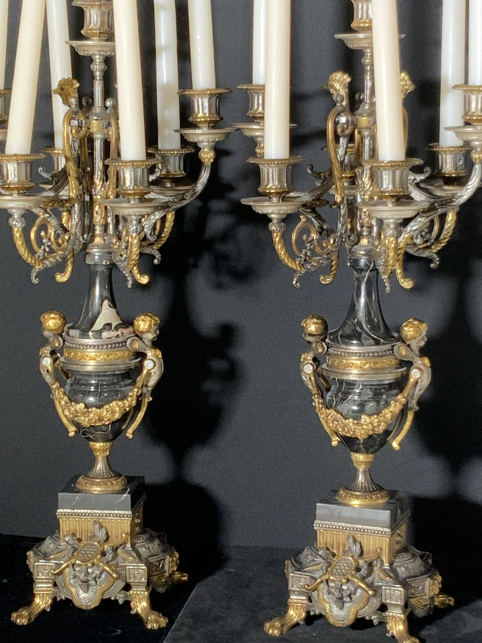 Pair BREVETTATO Antique Grand Italian Candelabras: Matching pair of massive footed Italian gilt bronze and marble candelabras, 6 light. 6 arms on each where you can place candles. Each baroque candelabra has two rooster and two putti / child angel / c
