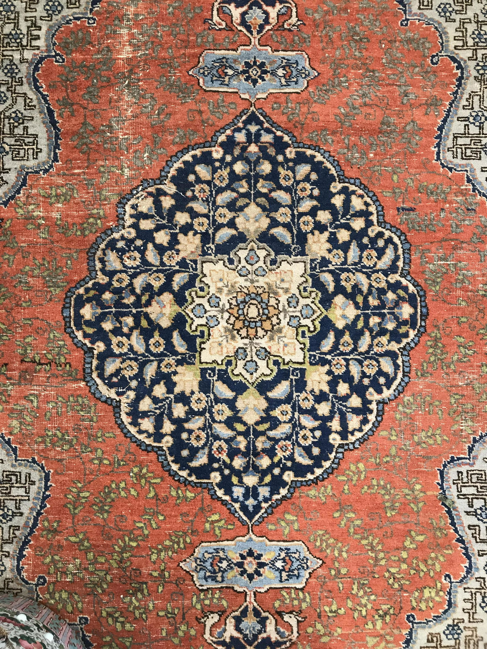 Vintage Handmade Persian Wool Rug: Rug is wool and handmade. Piece is vintage possibly antique. Rug has intricate multi toned floral leaf and vine detail. Piece measures approximately 75 niches tall 54 inches deep. Rug, carpet, area ru