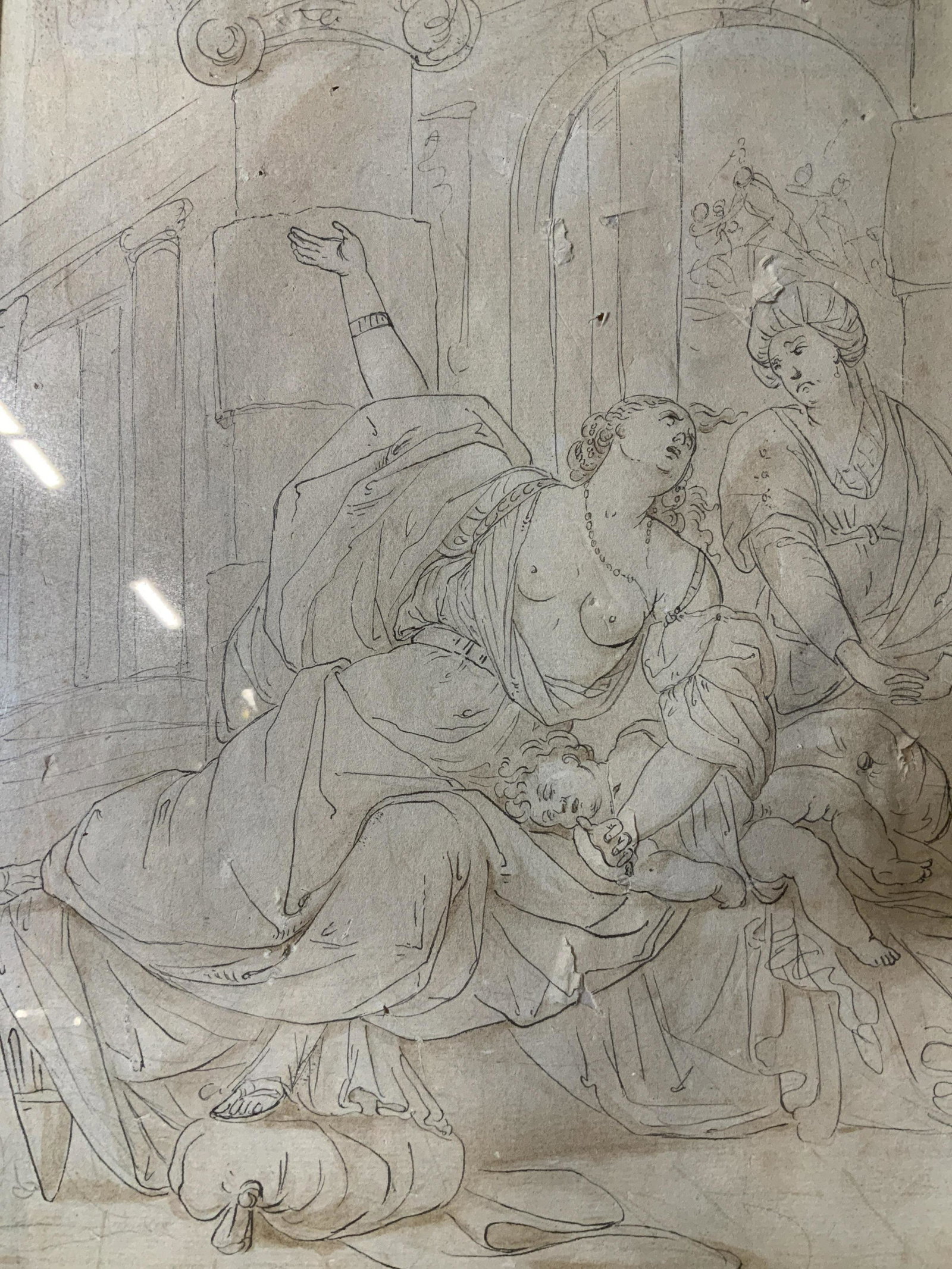 Antique Classical Ink Drawing: Antique Classical Ink Drawing, no apparent inscriptions or signatures, not examined out of frame, subject three reclining figures, measures 16 x 12 3/4 inches, wooden frame painted gold, Some scuffs t