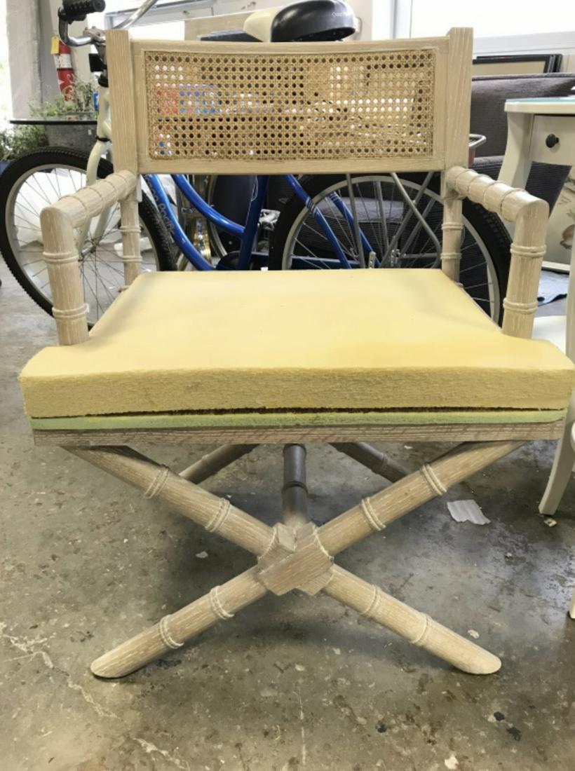Pair Caned Back Wooden Directors Chairs: Lot includes 2 chairs. Structure of chairs appears to be wooden. Backrests are caned Each measures approximately 34 inches tall 25 inches wide 24 inches deep. Each needs reupholstering. Directors chai