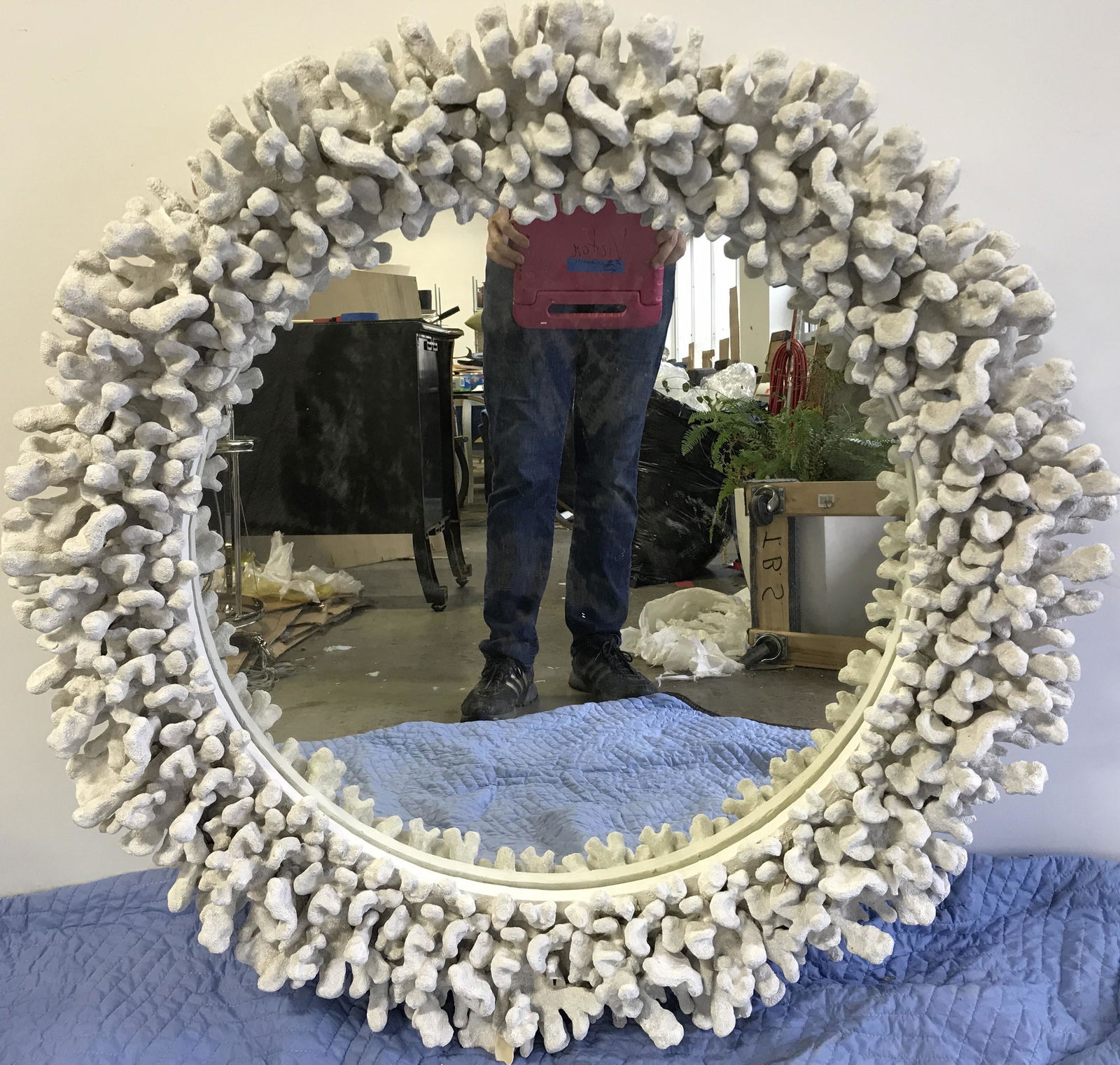Coral Framed Circular Mirror: Coral framed, wall mounted mirror. Frame is crafted to resemble coral. Possibly vintage, possibly handmade. Measures approx 37 inches in diameter. Wear is consistent with age and use, some loss is pre