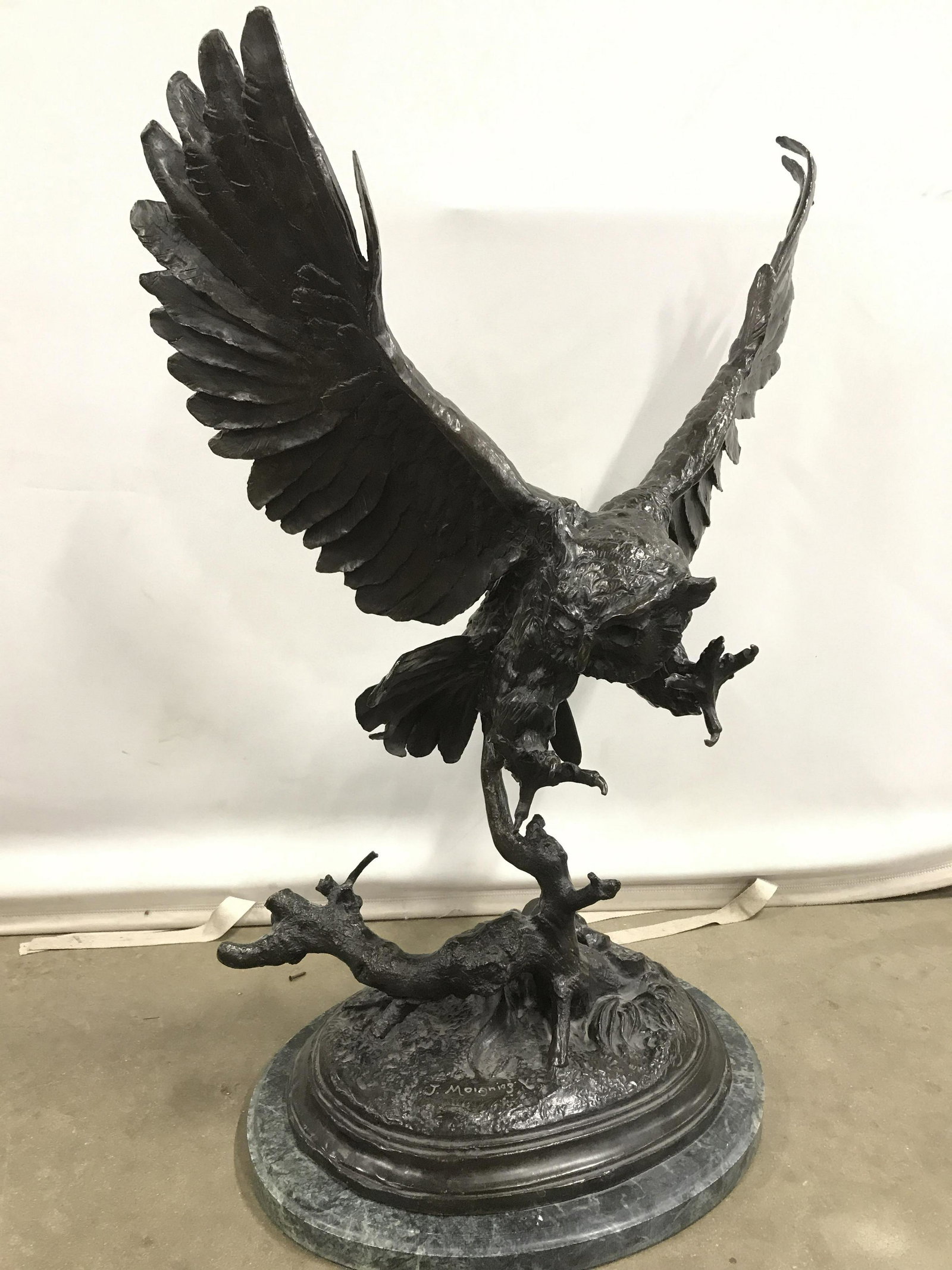 JULES MOIGNIEZ Signed Bronze Owl Sculpture: Jules Moigniez (1835-1895) signed bronze Owl statue, signature along the ground below the owl reads ‘J. Moigniez’, subject an owl swooping from a branch, teal marble base with white veining, base 