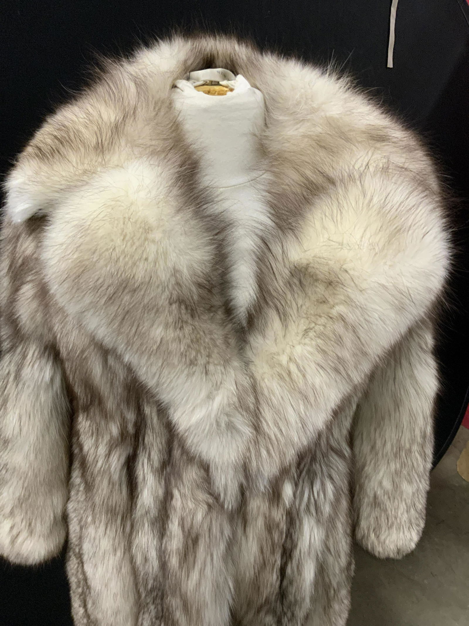 JAMES OTTAS NY Full Length FOX FUR & LEATHER COAT: Glorious Long length White and brown fox fur coat. Size small. Dyed grey leather, side exterior pockets that are lined, long wide fluffy shawl collar, hook and loop closure under breast and at waist.