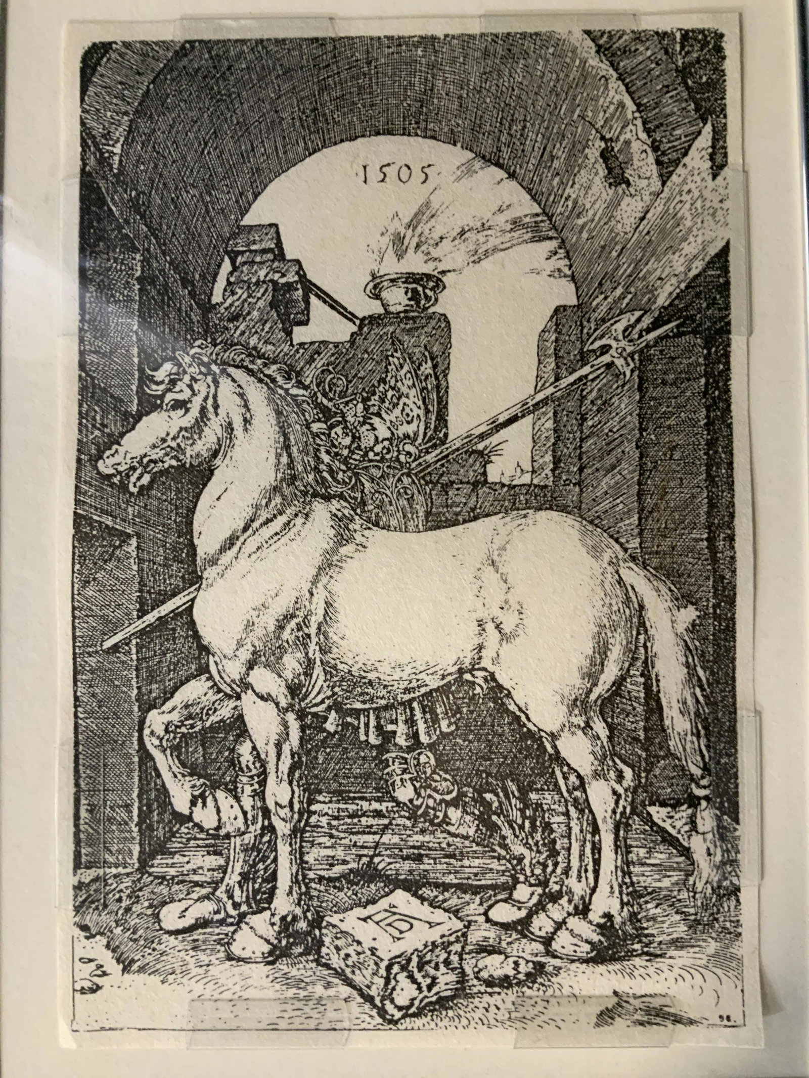 ALBRECHT DURER The Little Horse Engraving: ALBRECHT DURER The Little Horse Engraving, one of a set of five, inscription to piece reads ‘1505 AD 96’, inscription to reverse reads ‘L95 Store #18 Framed Picture Enterprise 397 S Front Memphi