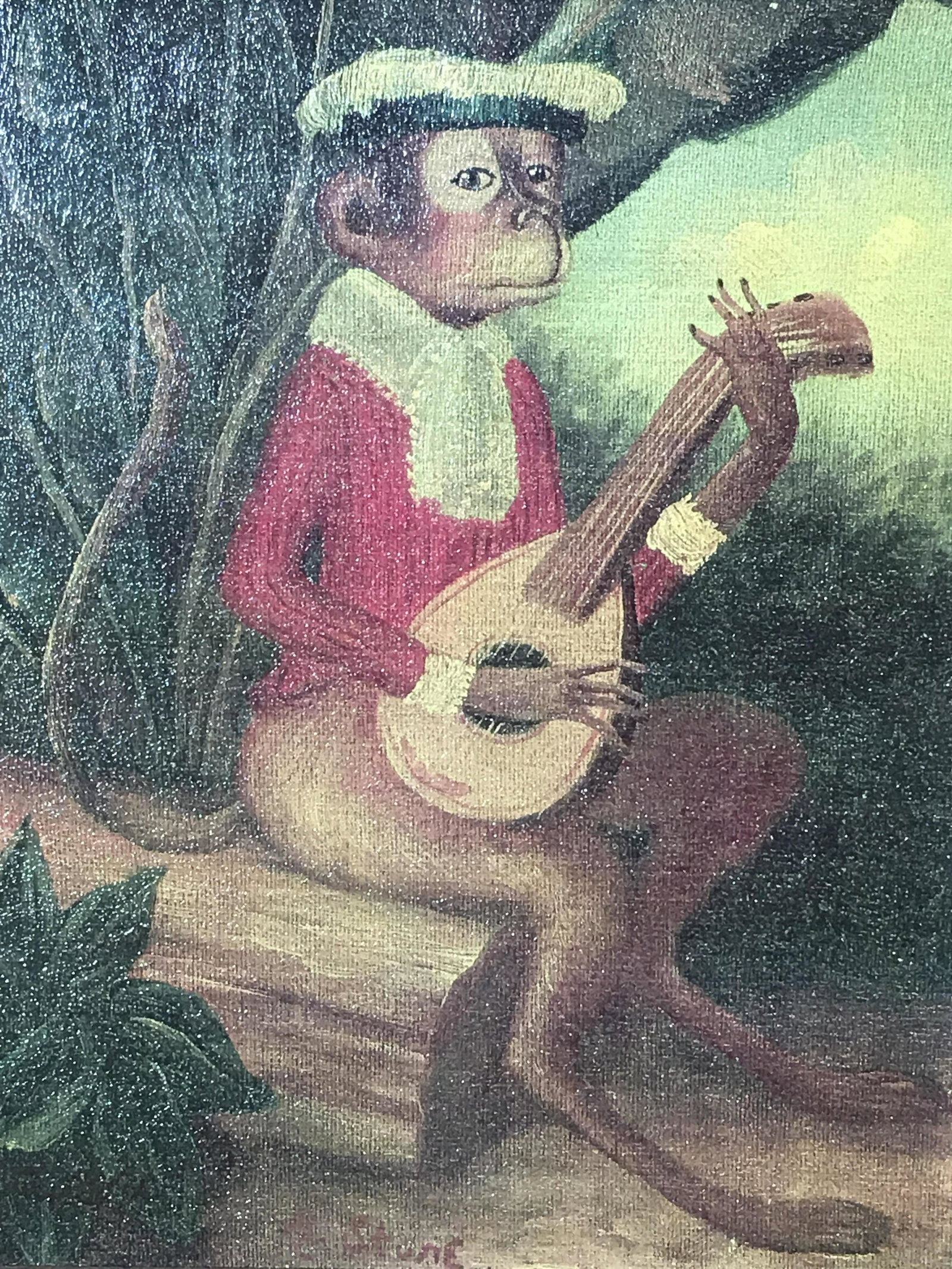 R.STONE Signed Oil on Canvas Board Monkey: R. Stone signed oil on canvas board monkey, Signature to the lower center border reads ‘R. Stone’, subject a monkey seated in men’s clothing and hat with a lute in hand, gold painted inner woode