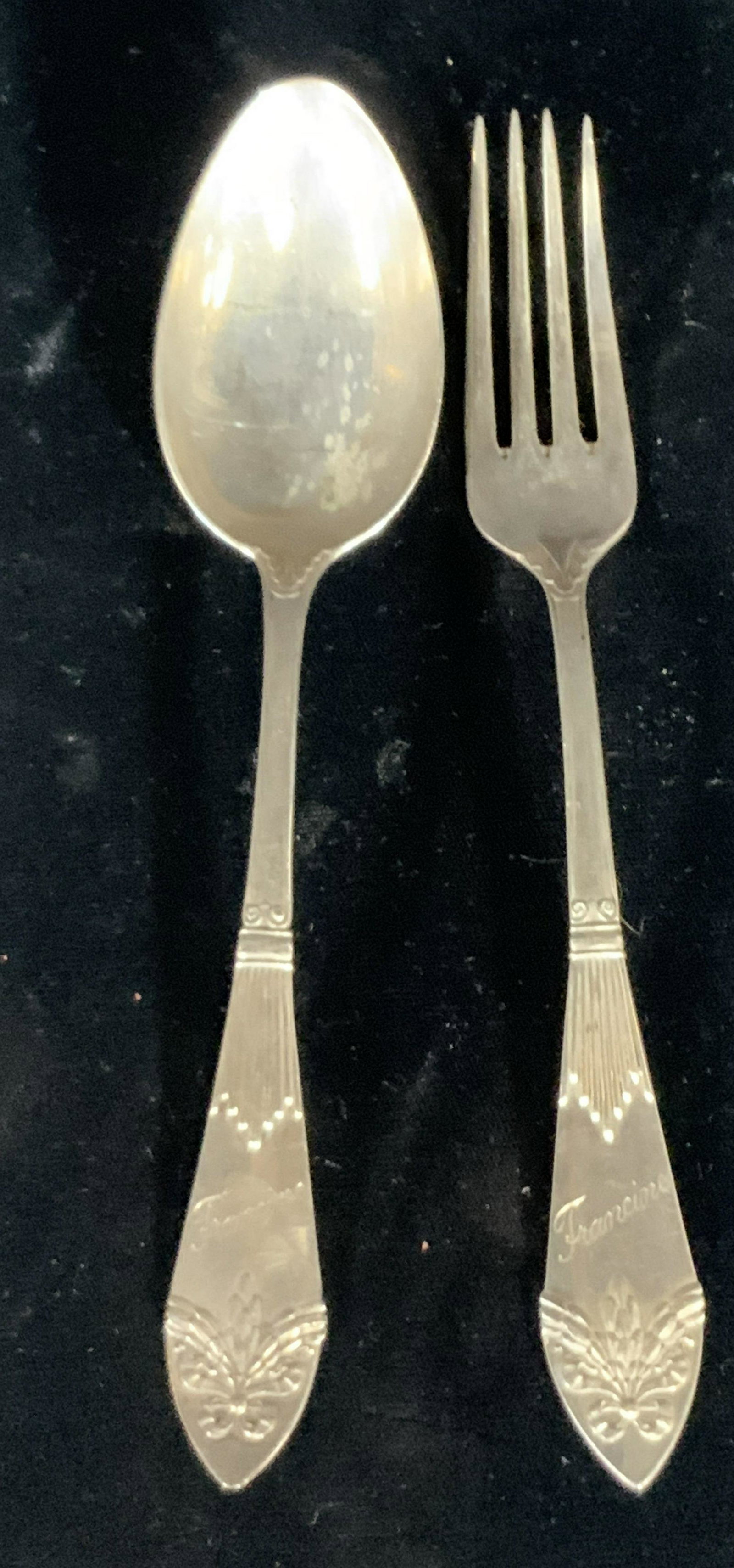 Set 2 C.G.HALLBERG Signed Silver Fork & Spoon: One fork and one spoon that are 800 silver. Several hallmarks on the undersides. Silverware also signed: C.G.HALLBERG. Etched into the underside: BENGT. Etched into topside: FRANCINE. Weight together: