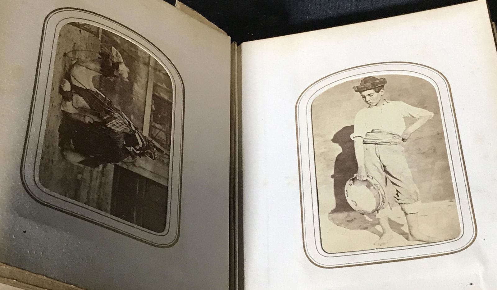 Vintage Photo Album of the Middle East & India: Vintage photo album of the Middle East and India, possibly antique, brown velvet lining to cover, gold toned metal embellishments, spine has detached from book, book contains 46 photos in total, album