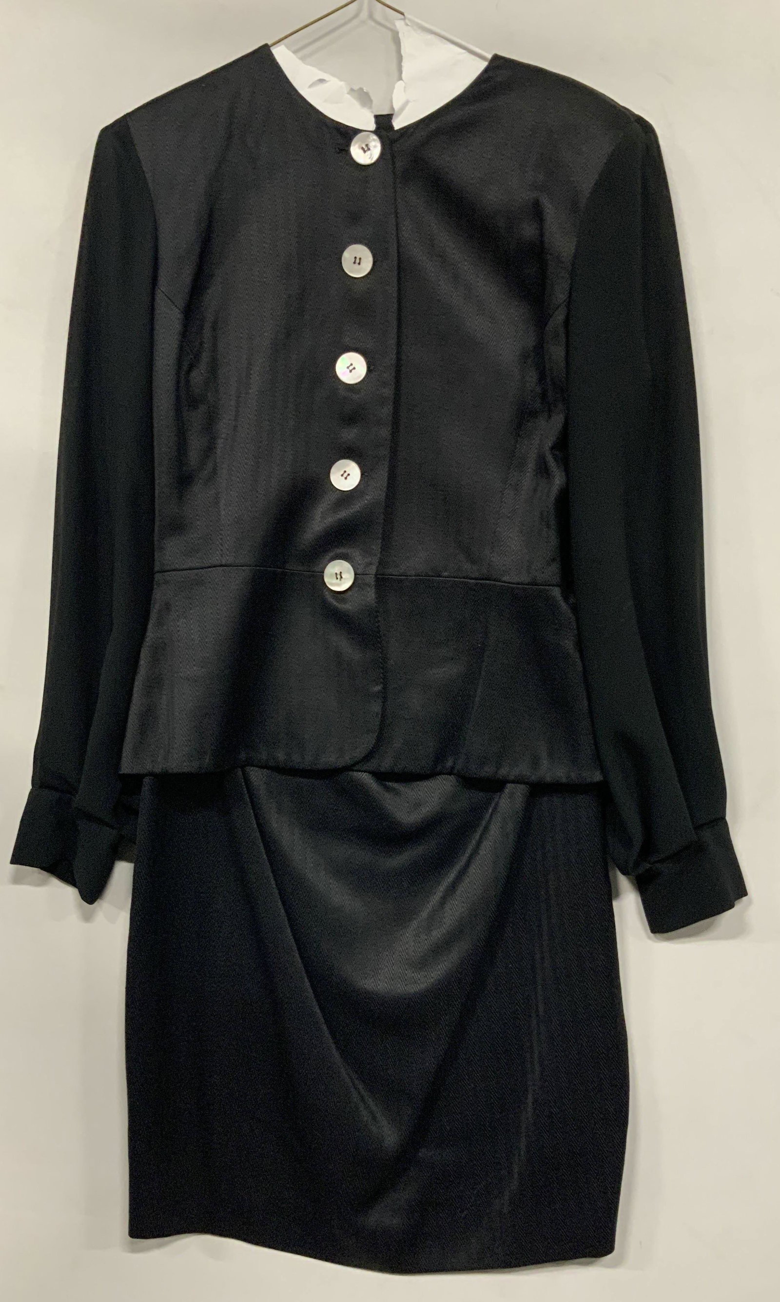 STUDIO 0001 FERRE Black Button Up Dress, Italy: Vintage corporate casual black button up dress. Blazer style peplum top connected to a skirt. Skirt has small slit in back for ease of movement. Silk lining. Chiffon style sleeves. Dress has shoulder 