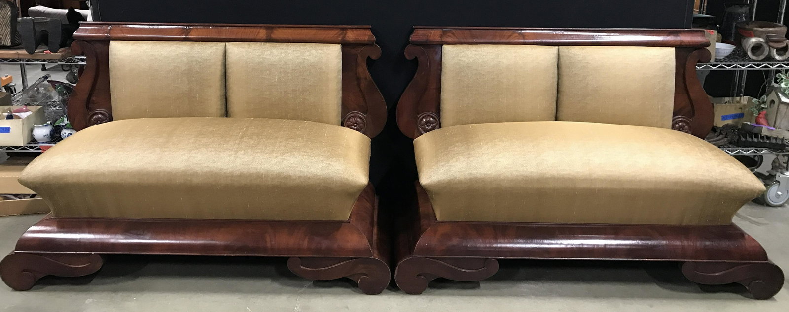 Pair Vintage Carved Wooden Loveseat: Lot includes 2 loveseats. Loveseats are vintage possibly antique. Are are upholstered with gold toned upholstery. Both have carved wooden details in structure. Each appear to be hand crafted. Pieces h