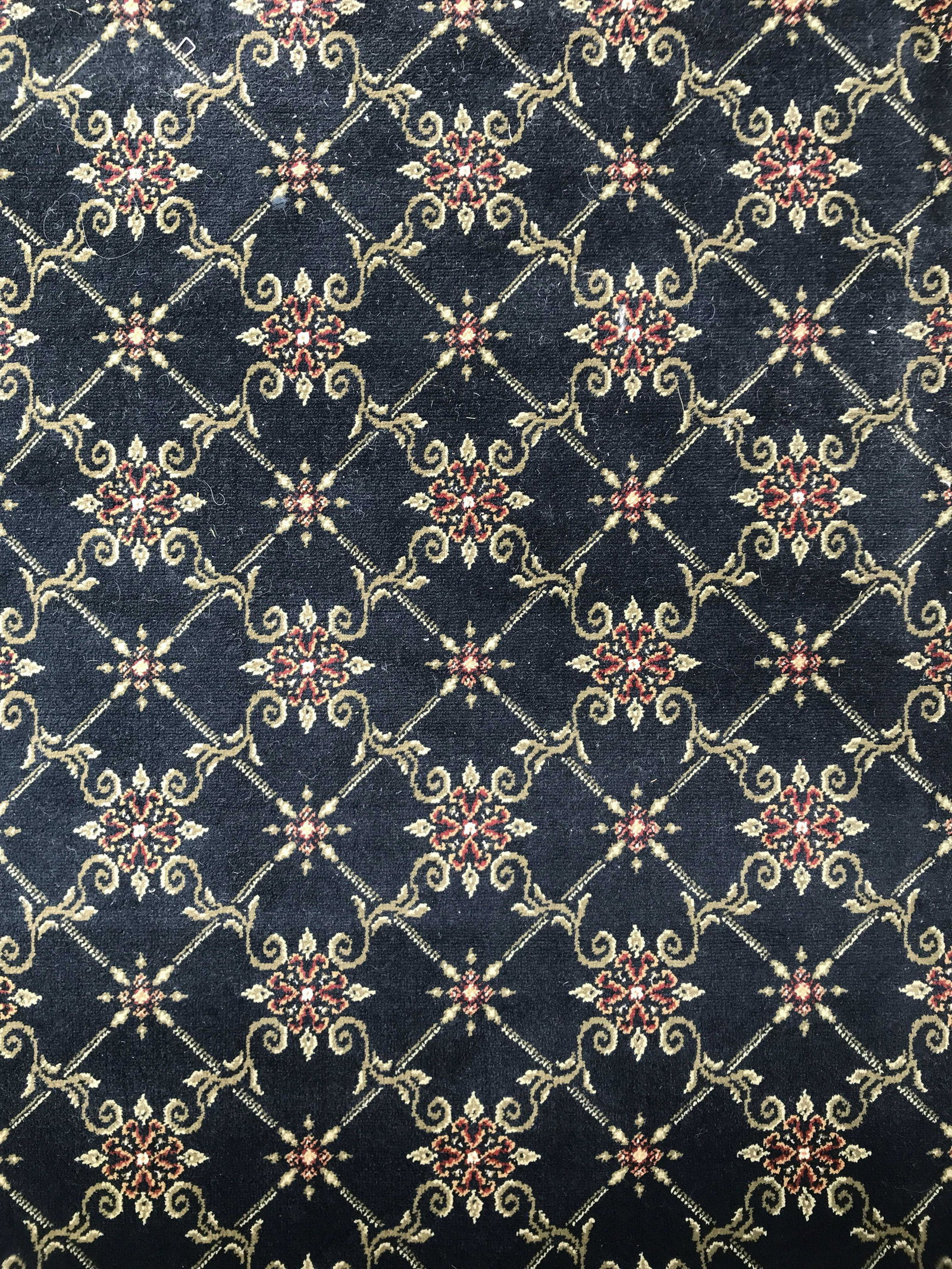 Floral Filigree Custom Area Rug: 170 long 152 inches wide. Hole, damage to rug. Custom shape. Floral design. Home accent, textile arts, home furnishings, home accent, area rug, room sized rug.