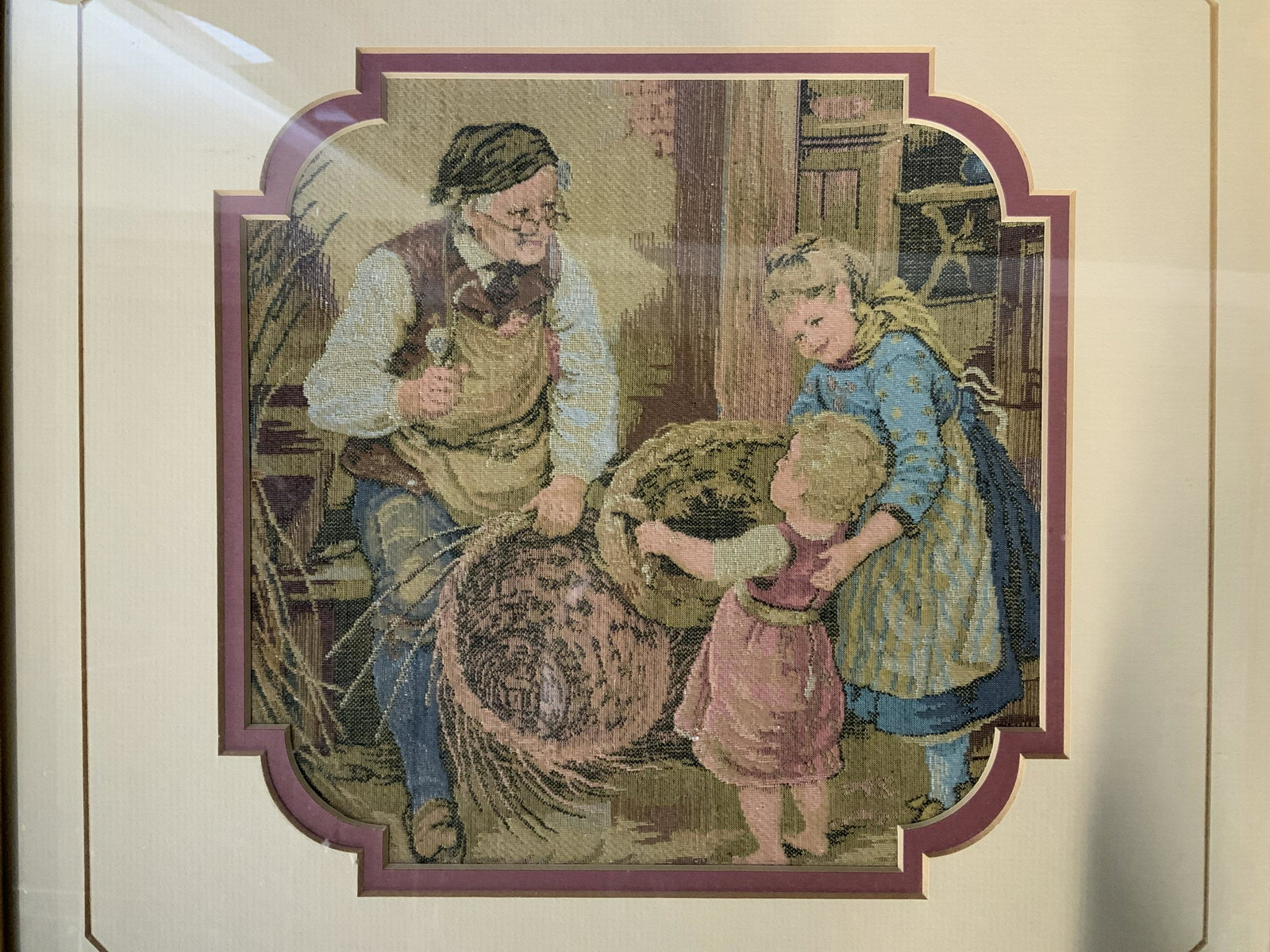 Framed Basket Making Tapestry, France: Framed Basket Making Tapestry, France, label to reverse reads ‘Floor 8610 126731 01 60 Barn PB-01 Tapestry Children B SN Mark Nhse XXXXXWLEE’, ‘Barnett’s Mallard Creek Collection’, and ‘PB
