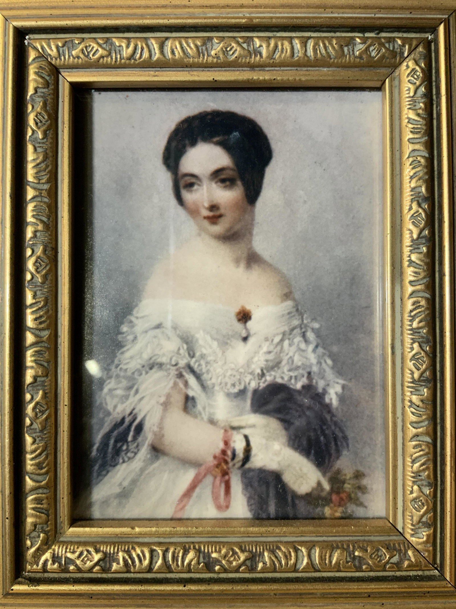 Portrait of Elizabeth Hay Lithograph: Portrait of Elizabeth Hay Lithograph, inscription to reverse reads ‘Framed Picture Enterpises 397 S Front Memphis, Tenn 38199 Date 08 Order # 5133 Item # 4039’, subject a woman in a white dress, m