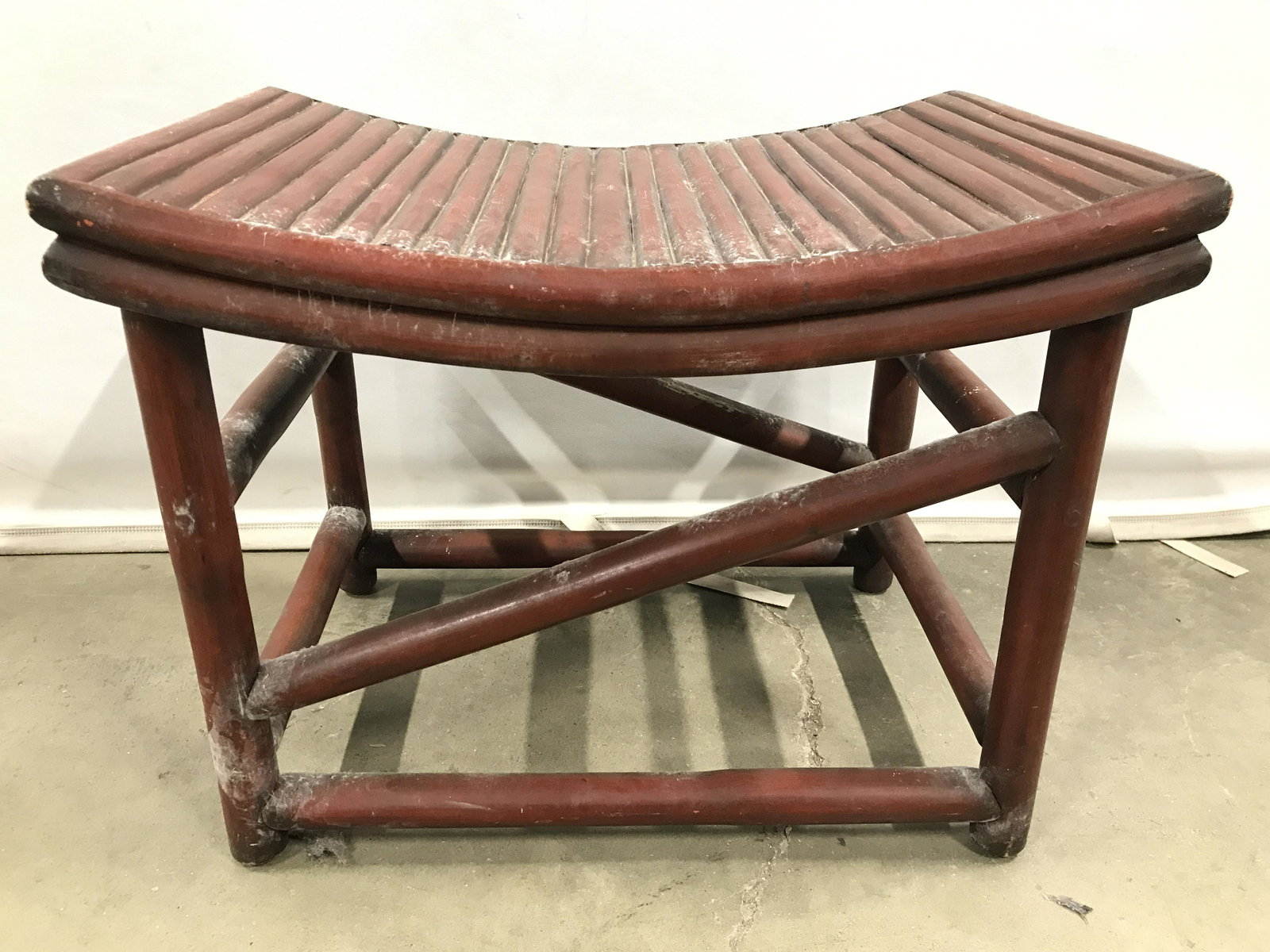Vintage Bamboo Style Asian Bench: Piece is red toned and appears to possibly be bamboo. Piece measures approximately 18 inches tall 15 inches deep 23 inches wide. Asian bench, Orientalism, Orientalist, Orientalia, asian furnishings, A