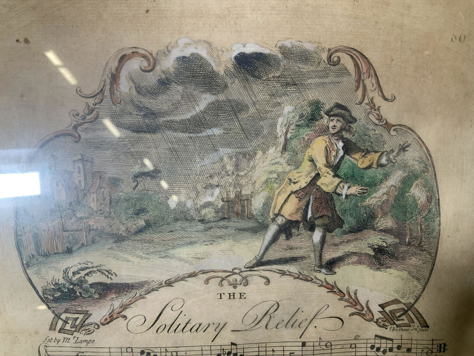 GEORGE BICKHAM ‘Solitary Relief’ Sheet Music: George Bickham ‘The Solitary Relief’ Sheet Music Engraving, hand painted engraving, inscription to lower right of image reads ‘J Bickham Int Sculp’, inscription to reverse reads ‘Scarsdale G