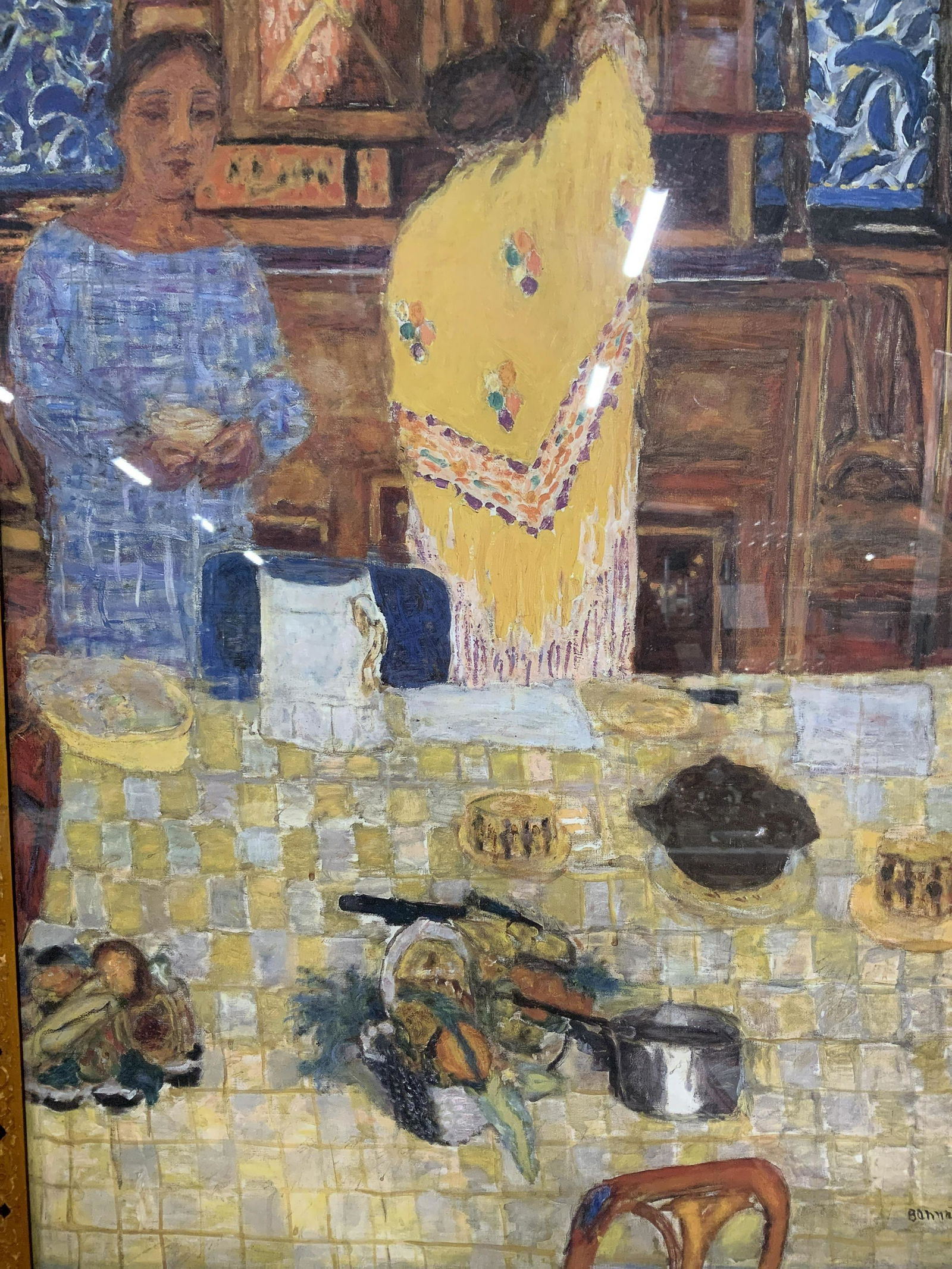 Pierre Bonnard Giclee Artwork Reproduction: Pierre Bonnard giclee artwork reproduction of ‘The Yellow Shawl’, signature printed in lower right reads ‘Bonnard’, two women standing before a table with produce and kitchenware, measures 32