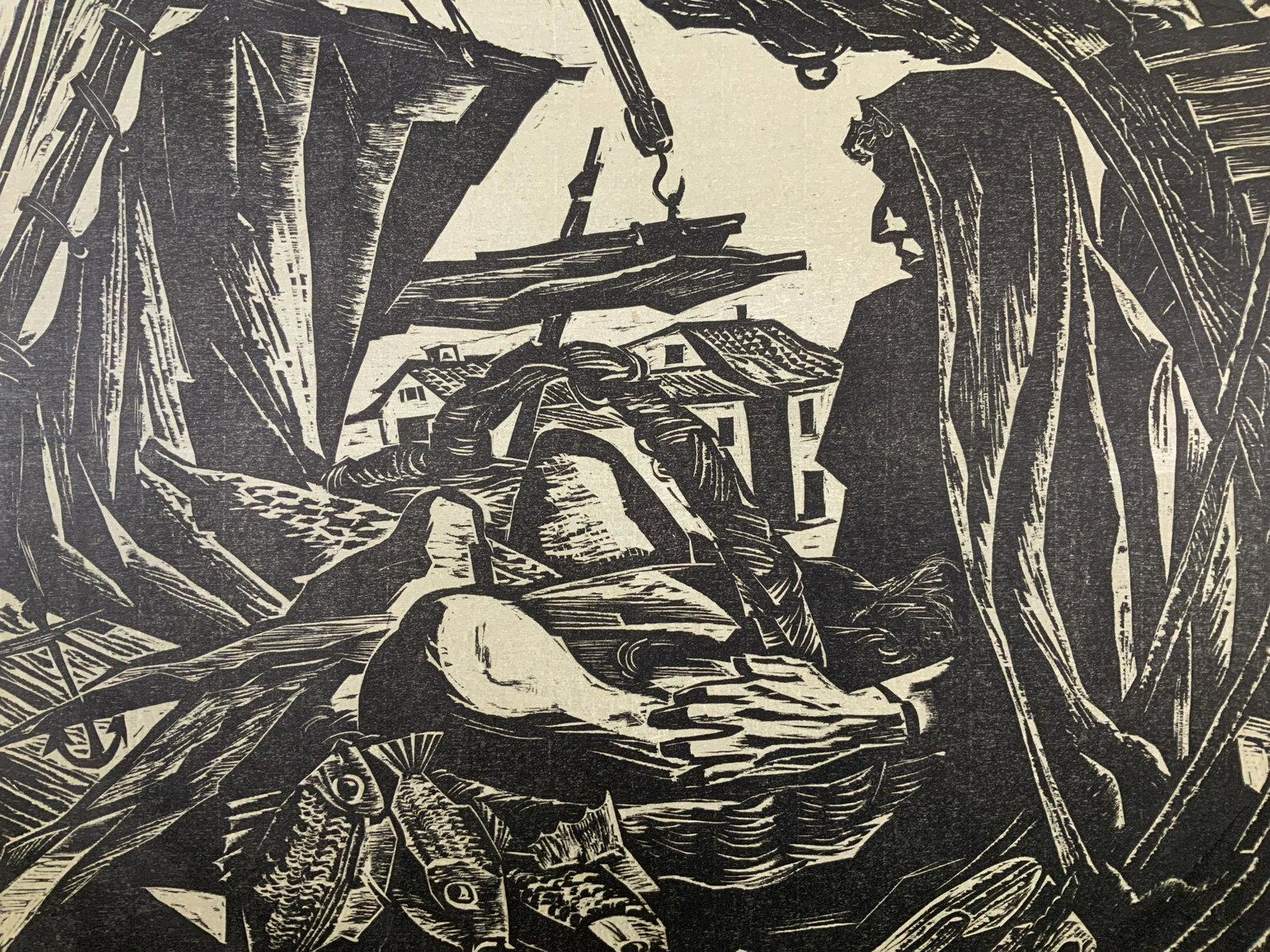 HANS A MUELLER Signed Woodcut Artwork: HANS A MUELLER Signed Woodcut, signature to lower right reads ‘Hans A Mueller, remaining inscriptions illegible, subject a person with fish, measures 17 1/8 inches x 23 inches, some water damage and