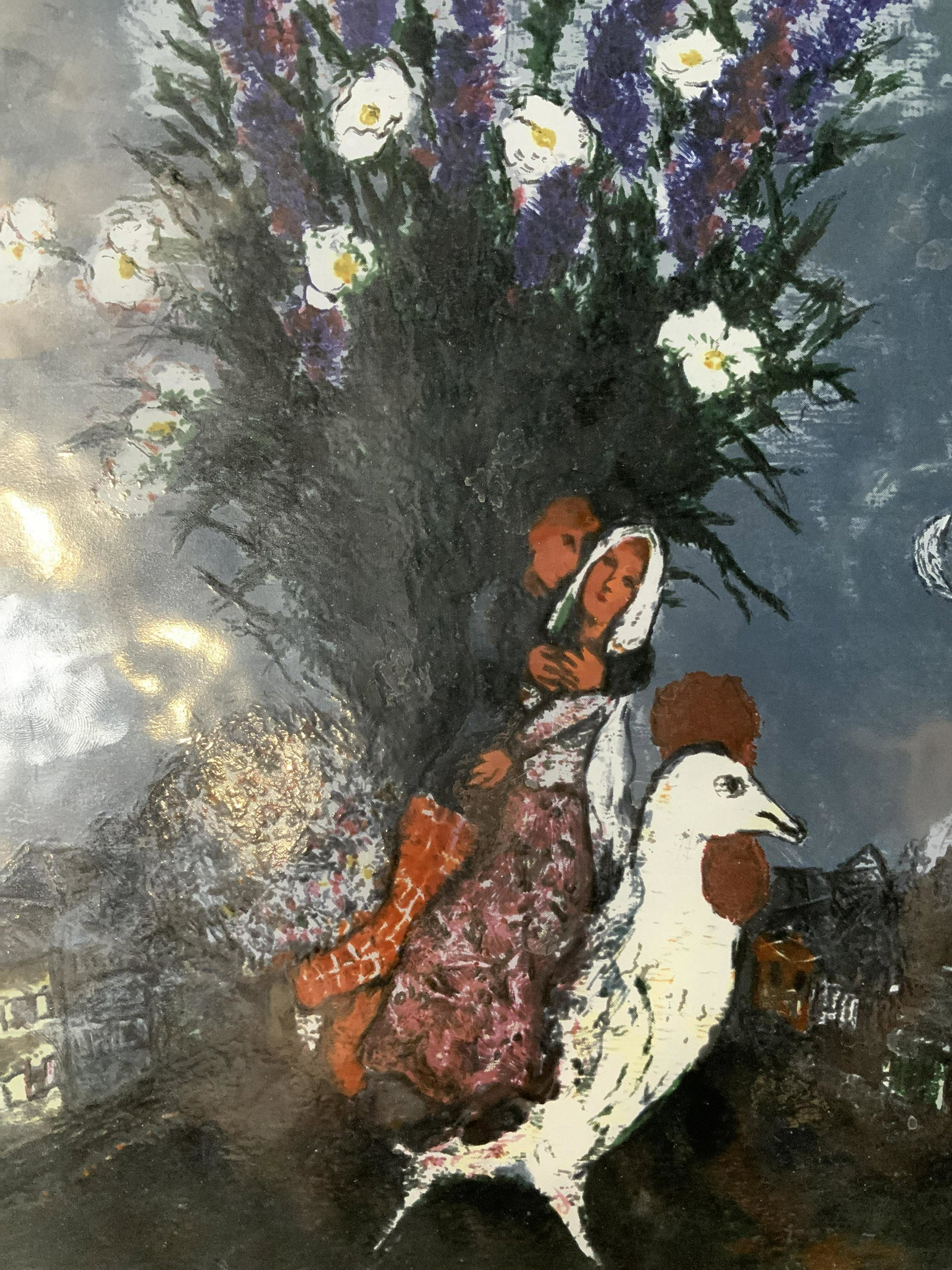MARC CHAGALL The Wedding Glass Panel: MARC CHAGALL The Wedding Glass Panel, inscription to lower right reads ‘Chagall’, other inscriptions illegible, subject a couple riding a chicken, measures 11 3/8 x 9 1/2 inches, silver toned meta