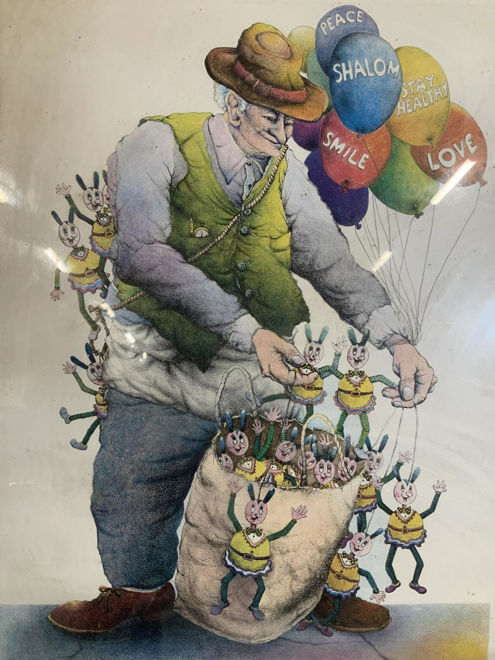 SEYMOUR ROSENTHAL The Puppet Vendor Lithograph: Seymour Rosenthal The Puppet Vendor Lithograph, inscription to reverse illegible, subject a man with balloons and puppets, measures 30 1/2 x 24 1/2 inches, wooden frame painted gold, some scratches an