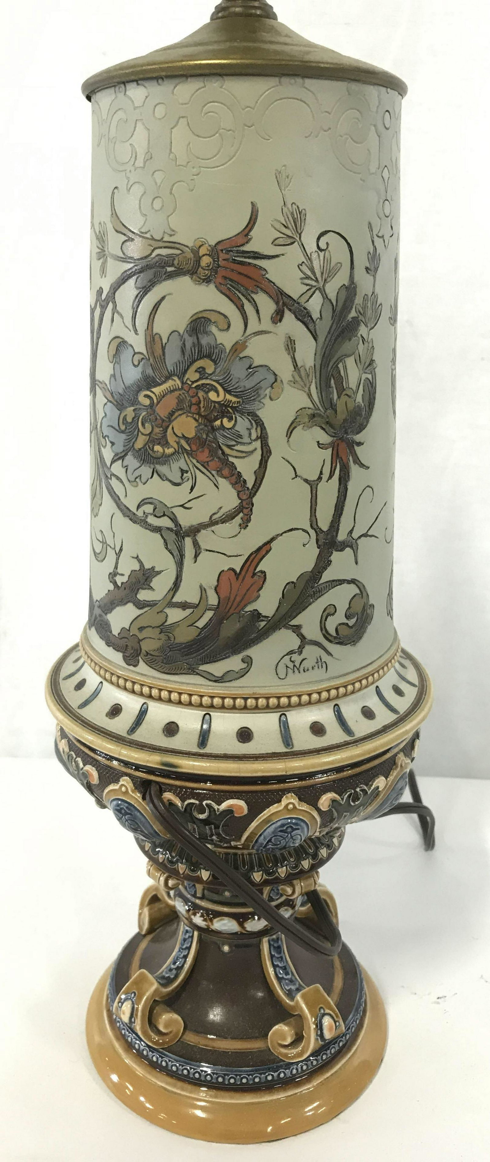 Vintage Hand Painted Tabletop Lamp: Vintage Hand painted lamp. Body is engraved, depicts a couple in Renaissance era garb, the man raising a chalice. Base is hand painted. The work is signed, illegibly. Measures approx 19.25 inches H, a