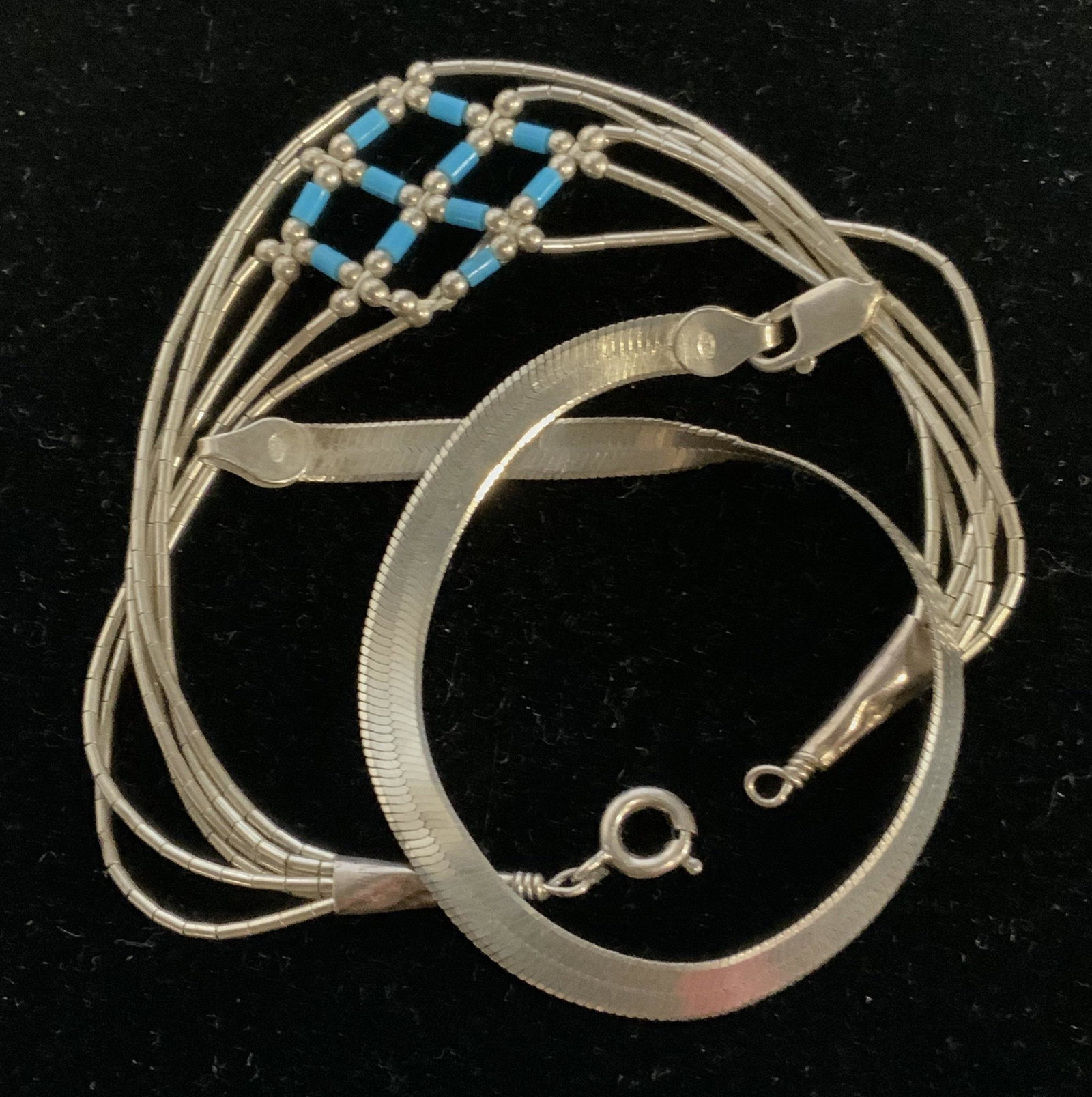Lot 2 STERLING SILVER Vntg Bracelets, Jewelry: Snake Chain Bracelet, marked 925 , 1/8 in wide, lobster clasp, 7 in. Artisanal Silver tube bead bracelet, twisted into artisanal central pattern with turquoise beads and silver ball beads. Reads Sterl
