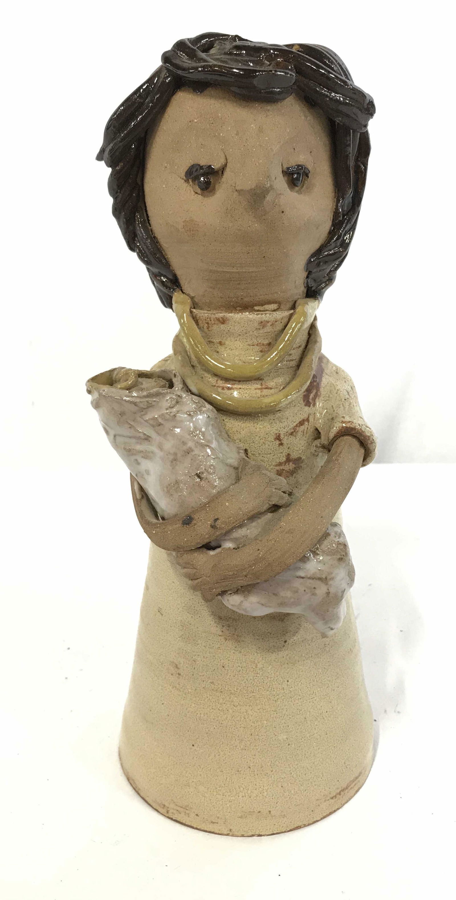 Earthenware Folk Art Mother and Child Sculpture: Earthenware folk art sculpture, depicts a woman cradling a baby. Some parts are glazed, appears to be hand painted. Back is signed, illegibly. Measures approx 11 inches H, and 4.25 inches W. Wear is c