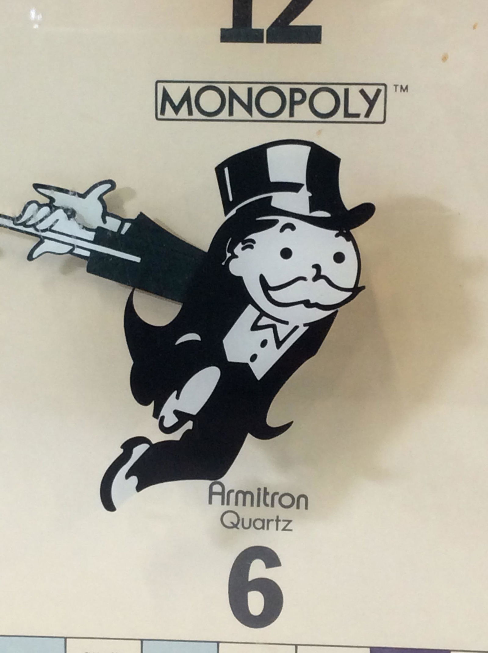 Collectible Vintage MONOPOLY Clock, c. 1984: Parker Brothers Monopoly Them Wall Clock, Labeled with Trademark Of Parker Brothers dating 1935 branded real estate trading Table game. Takes 1 AA battery. Some corrosion on current battery/ connectiv
