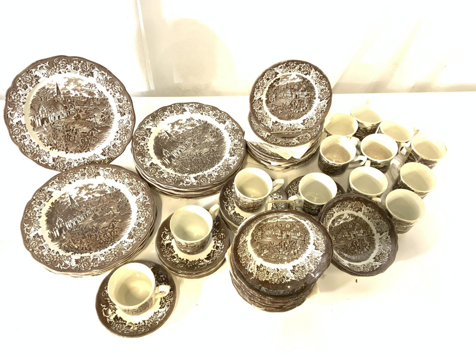 Set 69 ROYAL STAFFORDSHIRE IRONSTONE, England: Brown and white ironstone dinnerware set, pattern Stratford Stage, depicting English Tudor Buildings and carriage horse in road. Backside reads Royal Staffordshire Stratford Stage Ironstone by J& G ME