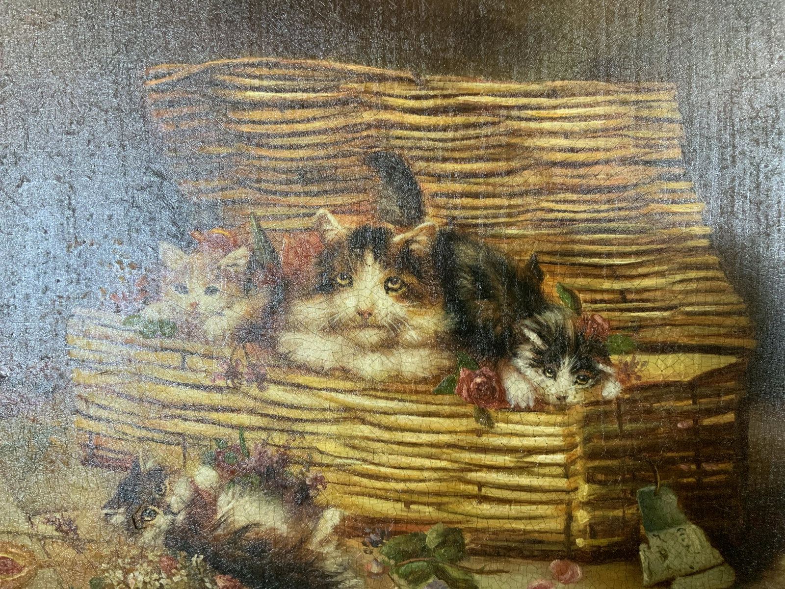 LINDA PANNY Signed Oil Painting, Cat & Kittens: LINDA PANNY Signed Oil on board Painting, Cat & Kittens, signature to lower left reads ‘Linda Panny’, Inscription to reverse reads ‘6, 600, LB-272’, subject cats in a basket, measures 16 1/2 x