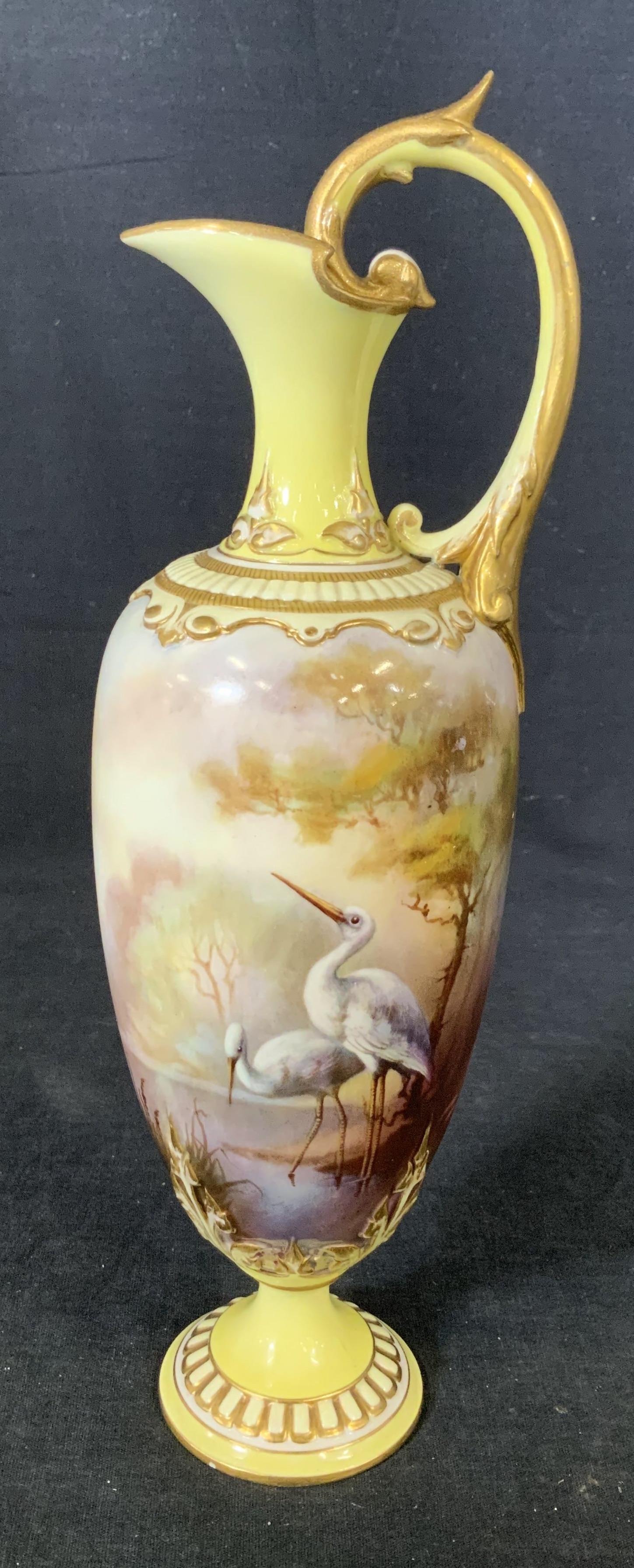 Antique ROYAL WORCESTER Porcelain Pitcher: Antique ROYAL WORCESTER Porcelain Pitcher, stamp to base reads ‘Royal Worcester England Hadleyware 247/86A70 S B’, design features storks in water, measures 11 1/2 inches tall x 2 1/2 inches wide 