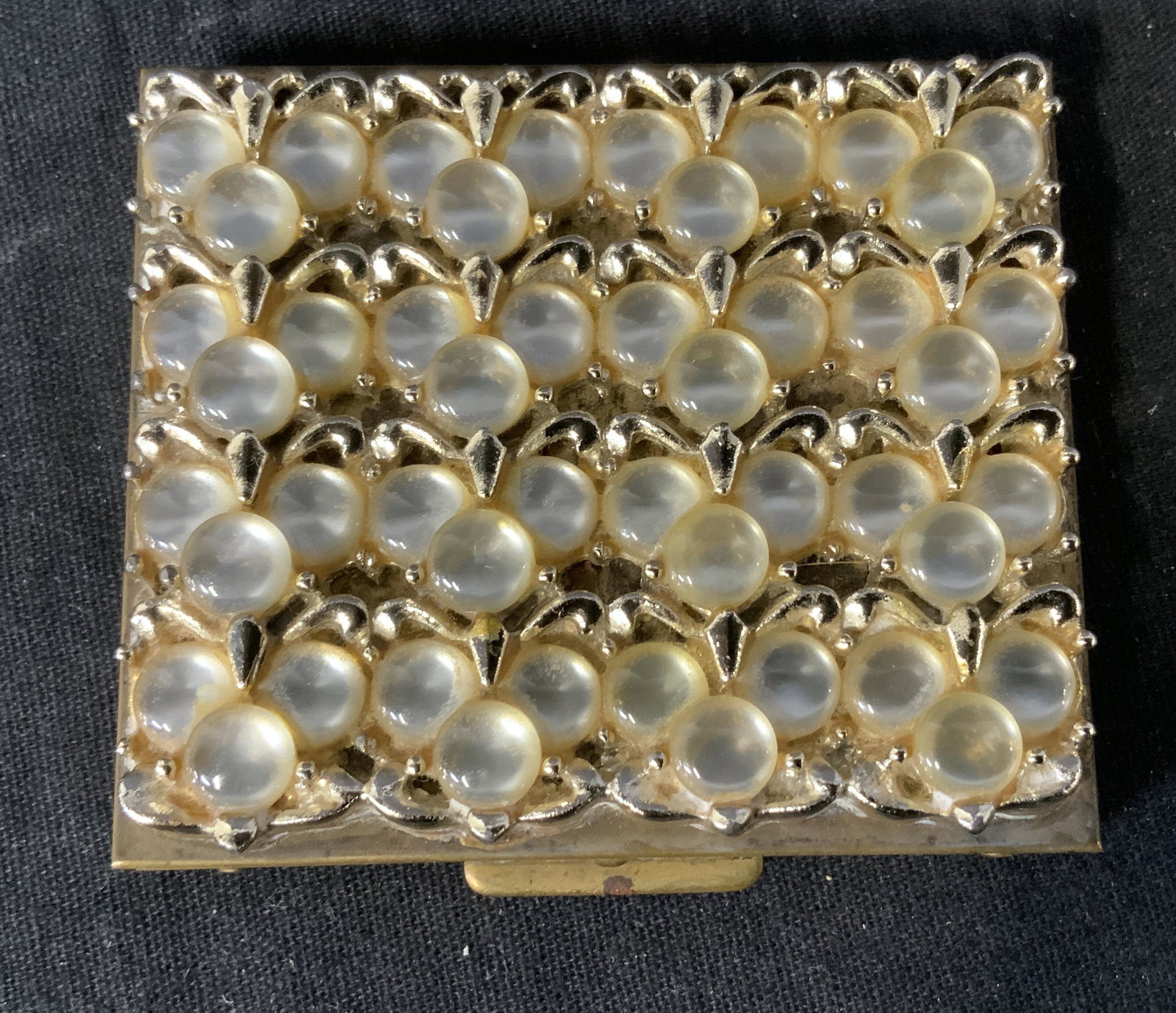 Vintage Mirror Compact mirror: Vintage Mirror Compact, no apparent inscriptions or labels, paper affixed to interior reads ‘Verbal Provenance John E Moore worked with Norman Norell Compacts were collected by JE Moore 1930-40s com