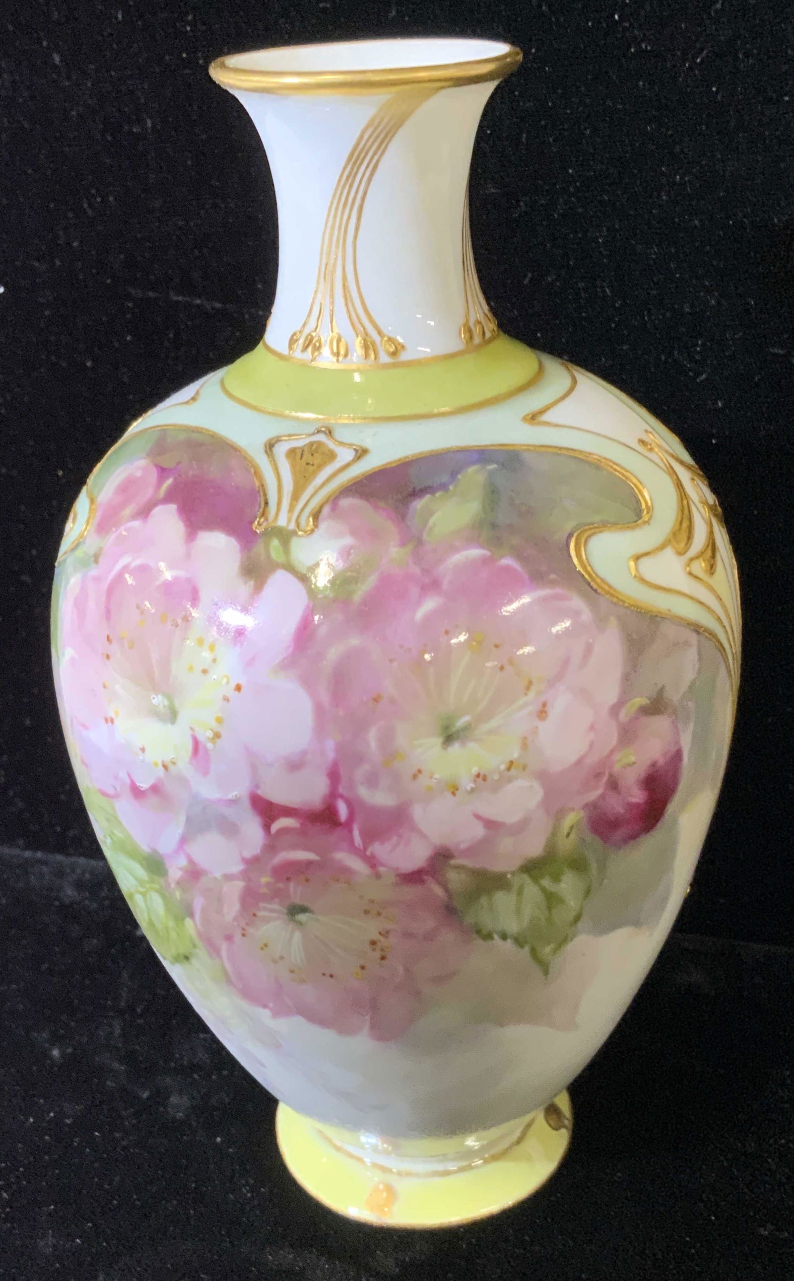 Signed KPM HAND PAINTED Porcelain Bud Vase: Paste up gilt design, large pink flowers, pastel colors. 6.25 in. Ht 4 in. W underside handwritten piece number reads5143 es with trademark stamp in red ink ‘ KPM’ Porcelainware, Hand painted vase