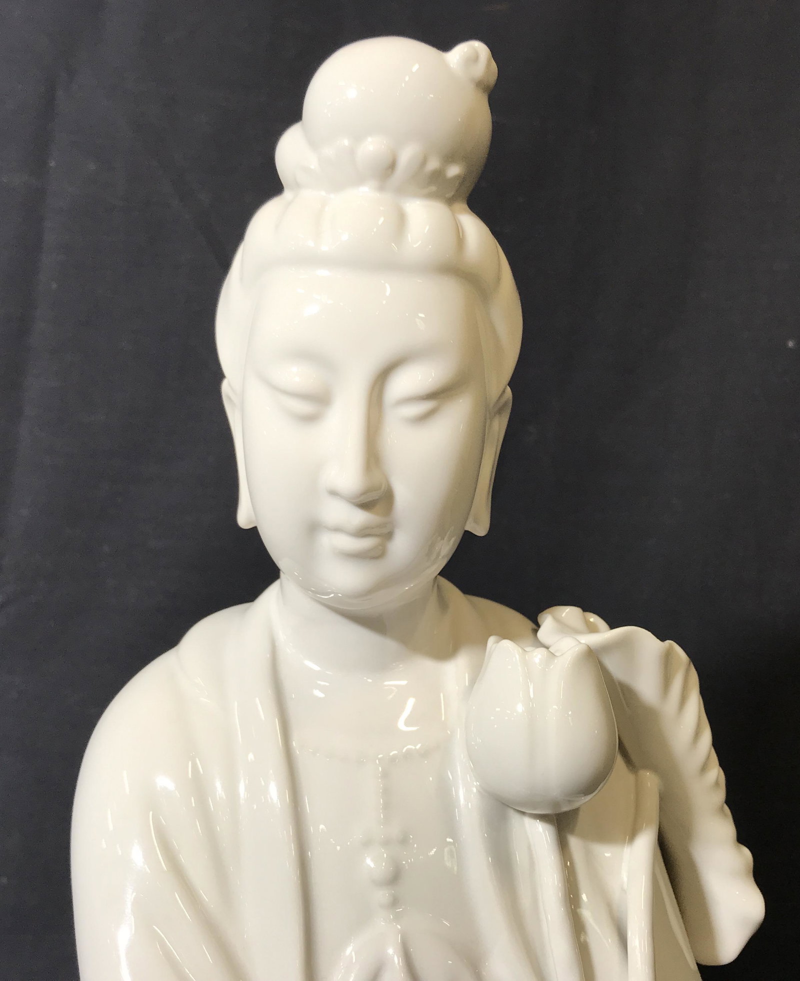 SADEK Japanese Porcelain Asian Woman Statue: Japanese Porcelain Asian Woman Statue, label to underside reads ‘Andrea by Sadek, Made in Japan’, subject a a woman in flowing robes holding a lotus flower and lily pad she stands on a lily pad as