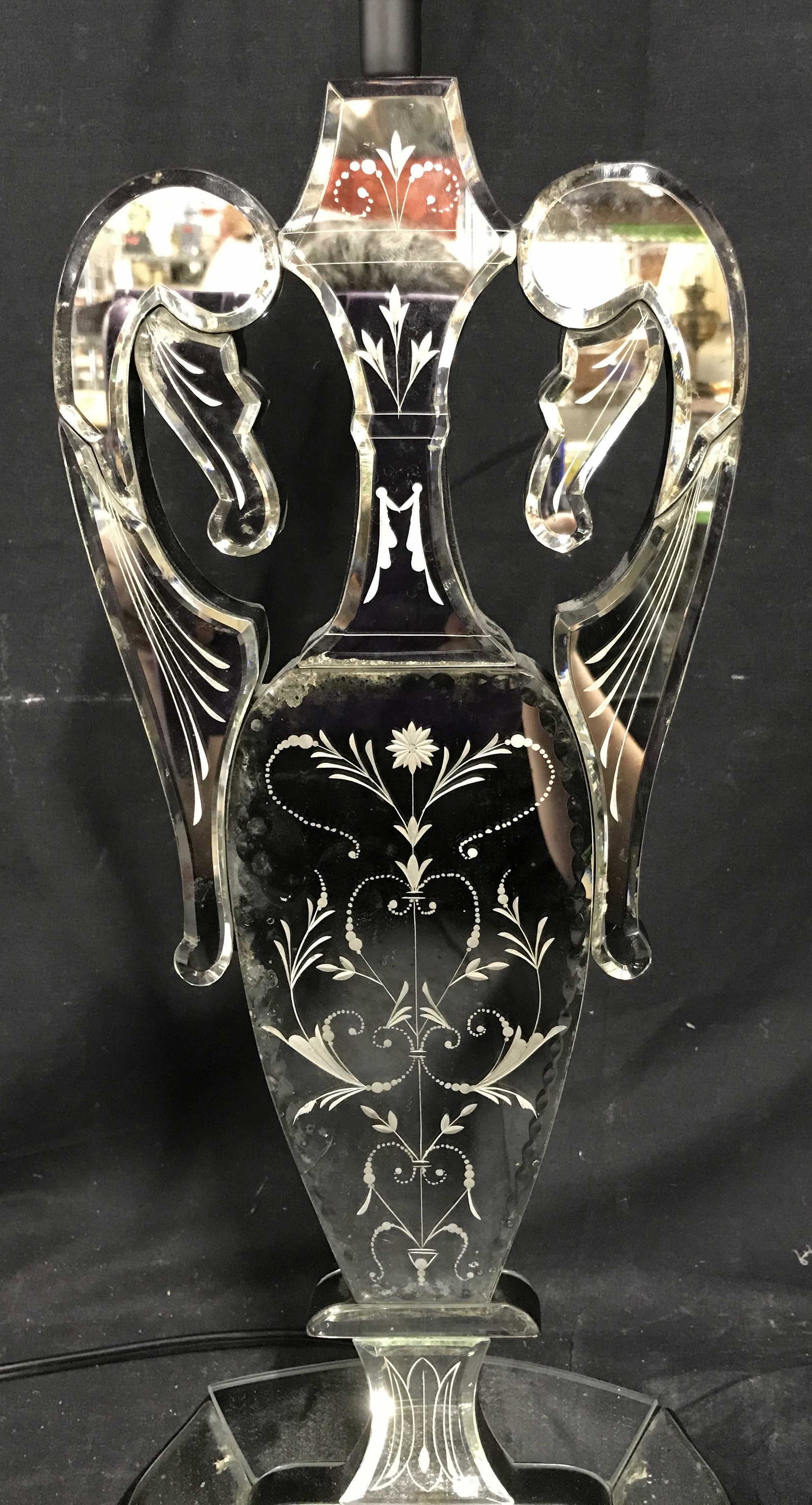 Currey and Company Painted Mirrored Table Lamp: Currey and Company Painted mirrored lamp, lamp body in the shape of a vase with mirrored tiles to the surface, front of lamp has floral painted designs in white to surface, label to underside reads ��