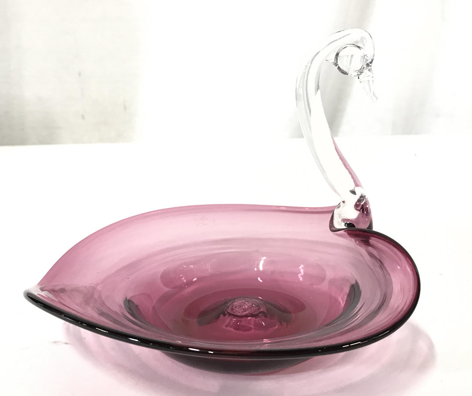 PILGRIM CRANBERRY GLASS Swan Trinket Dish: Tag on piece reads PILGRIM CRANBERRY GLASS. Piece was handmade as stated on tag. Trinket dish, keepsake dish, cranberry glass, art glass, art glass swan. tableware, collectible, decorative arts and ac