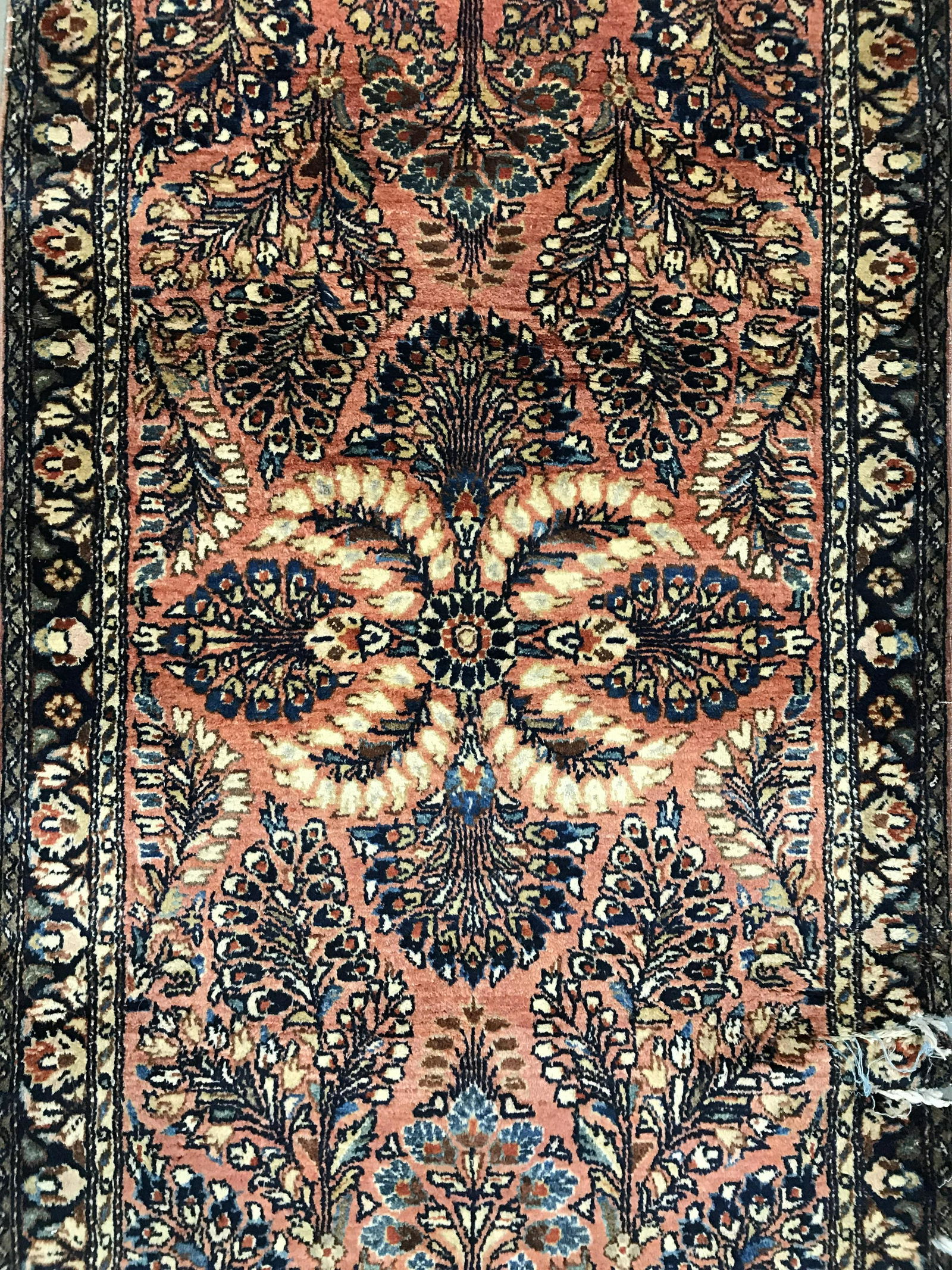 Antique Handmade Persian Wool Rug: Rug is wool and handmade. Piece is vintage appears to be antique. Piece has intricate multi toned floral leaf & vine detail. Rug, carpet, area rug, wool rug, Persian rug, handmade rug. Piece measures