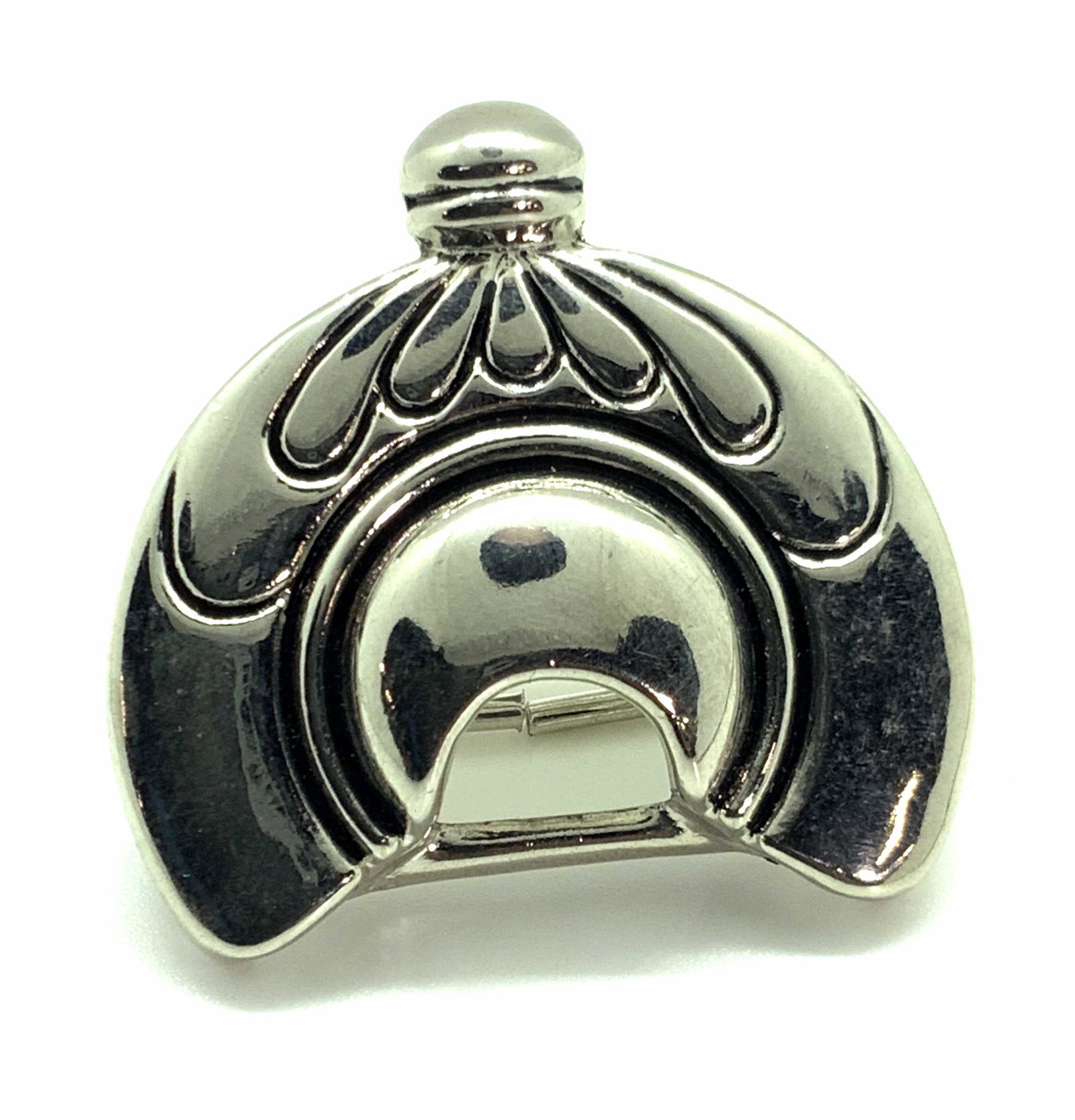 Silver Tone Etched Metal Belt Buckle Wearable acc: A half circle silver tone belt buckle. The buckle is polished and has etched designs. Underside is polished as well. Approx. Length 1.5 in Approx. Width 2 in. Belt buckle, ladies fashion, ladies weara