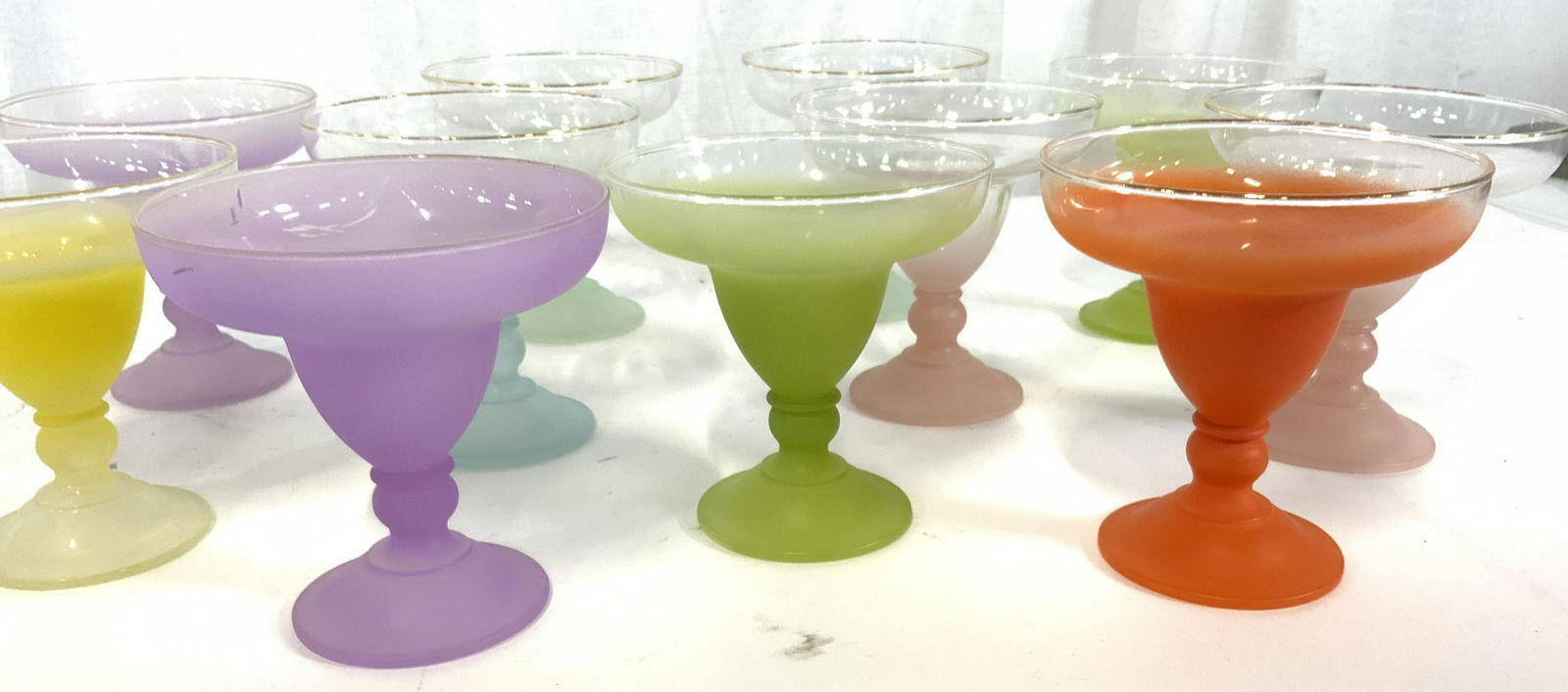 Set 11 Retro COLORFUL BLENDO Cocktail Glasses: Frosted Blendo margarita or martini glasses with brilliant colors of orange, violet, lime, lemon, pink, sea foam. Some have gilt rim ware and faded frost ware consistent with vintage condition. 4.75 i