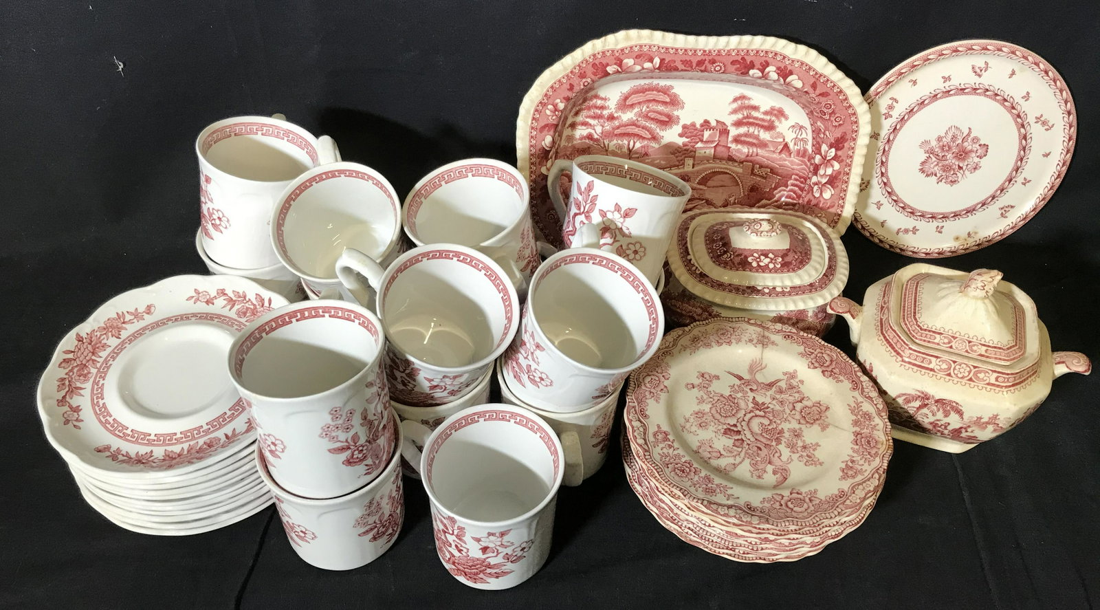 42pc Ceramic Transfer-ware Serving Dishes: 11 JG Meakin saucers, 1 SPODES TOWER baking dish, 1 ARABIA PLATE, 10 CROWN DUCAL saucers, 1 SPODES TOWER SUGAR BOWL w LID, 1 W ADAMS & SONS sugar bowl w lid, and 15 JG MEAKIN Cups. All ceramic transfe