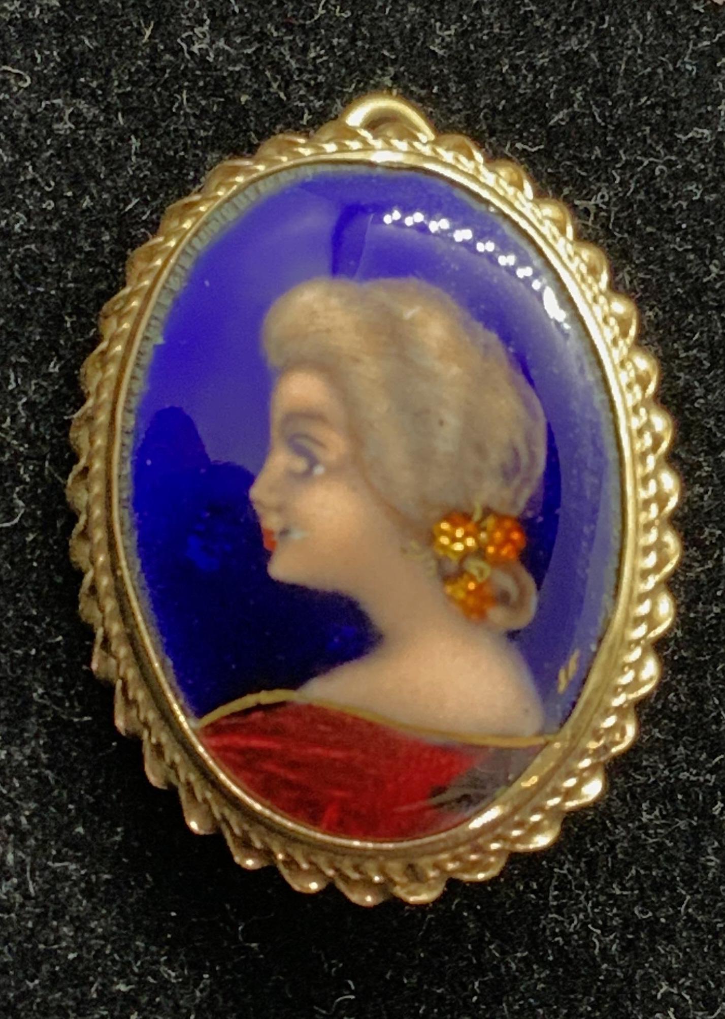 Signed FRENCH Portrait of Lady Jewelry Accessory: Vintage accessory , up cycle into a brooch. Portrait of a French Lady, side profile, bezel set in French sophistication. Handmade piece, reads FRANCE on verso. Iridescent glow, possibly a resin. 1 in 