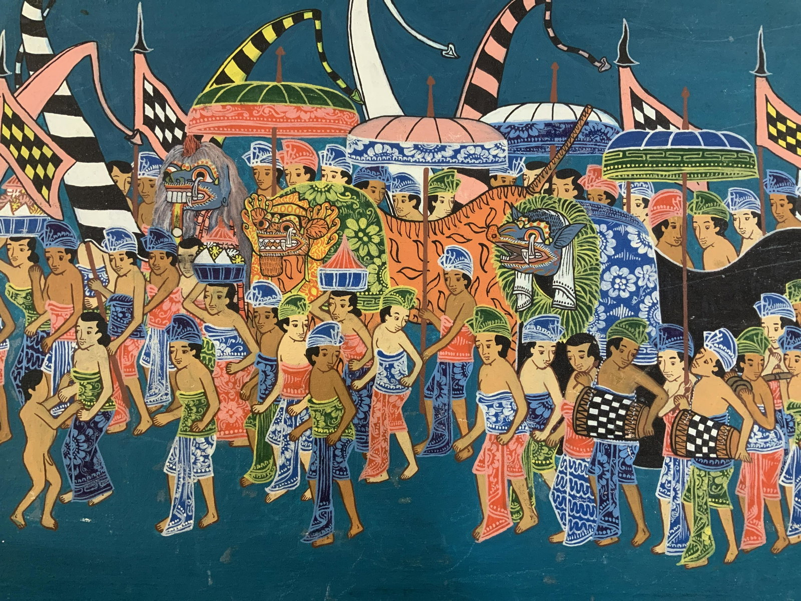 KLOD Signed Indonesian Acrylic Painting: KLOD Signed Indonesian Acrylic Painting, signature to lower right reads ‘Klod’, inscription to lower right reads ‘Iny Rianaysa Penestanan’, subject a procession of people, measures 14 1/8 x 22